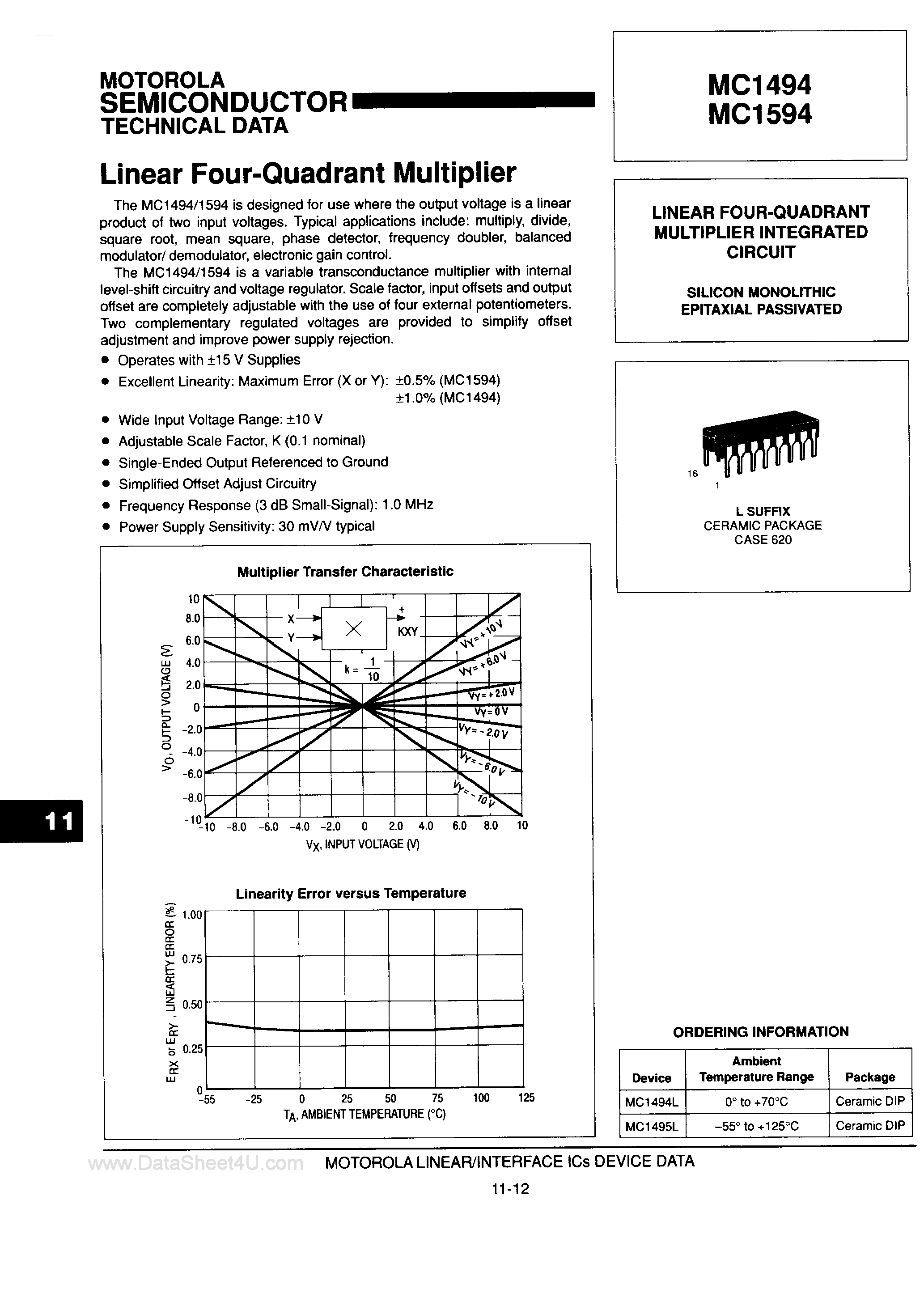 Даташит на микросхему MC1494 страница 1 Даташит MC1494 - (MC1494 / MC1594) Linear 4-Quadrant Multiplier страница 1