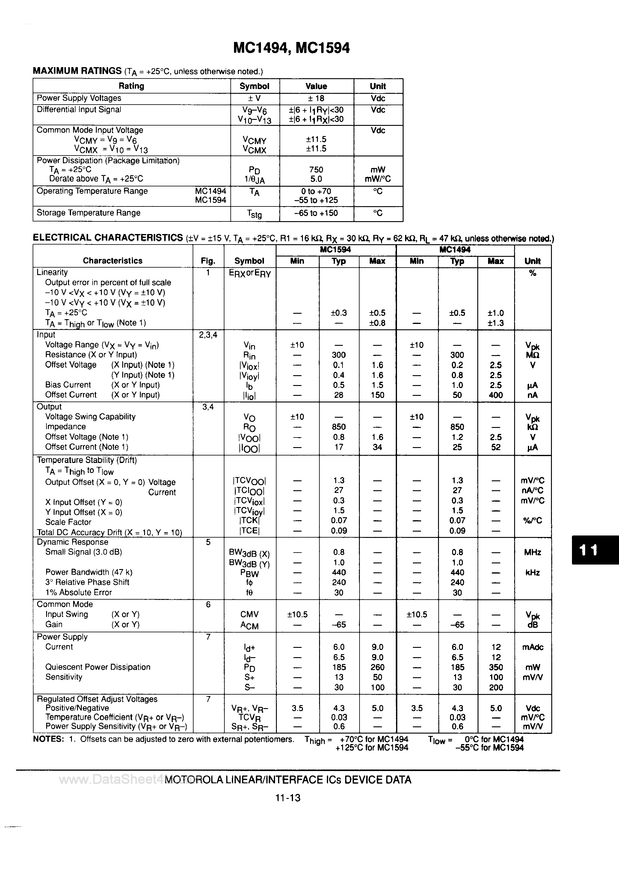 Даташит на микросхему MC1494 страница 2 Даташит MC1494 - (MC1494 / MC1594) Linear 4-Quadrant Multiplier страница 2