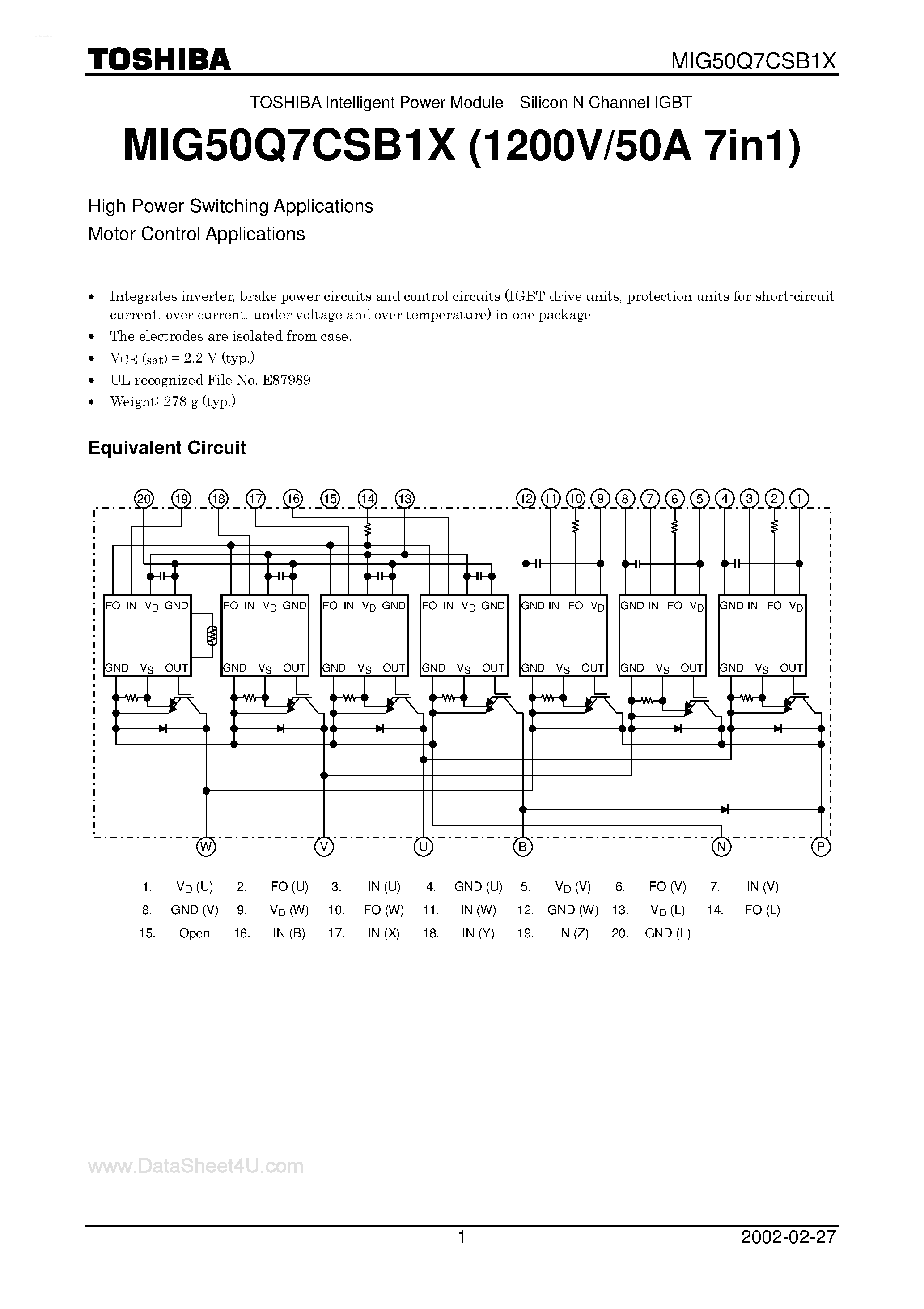 Datasheet MIG50Q7CSB1X - High Power Switching Applications Motor Control Applications page 1