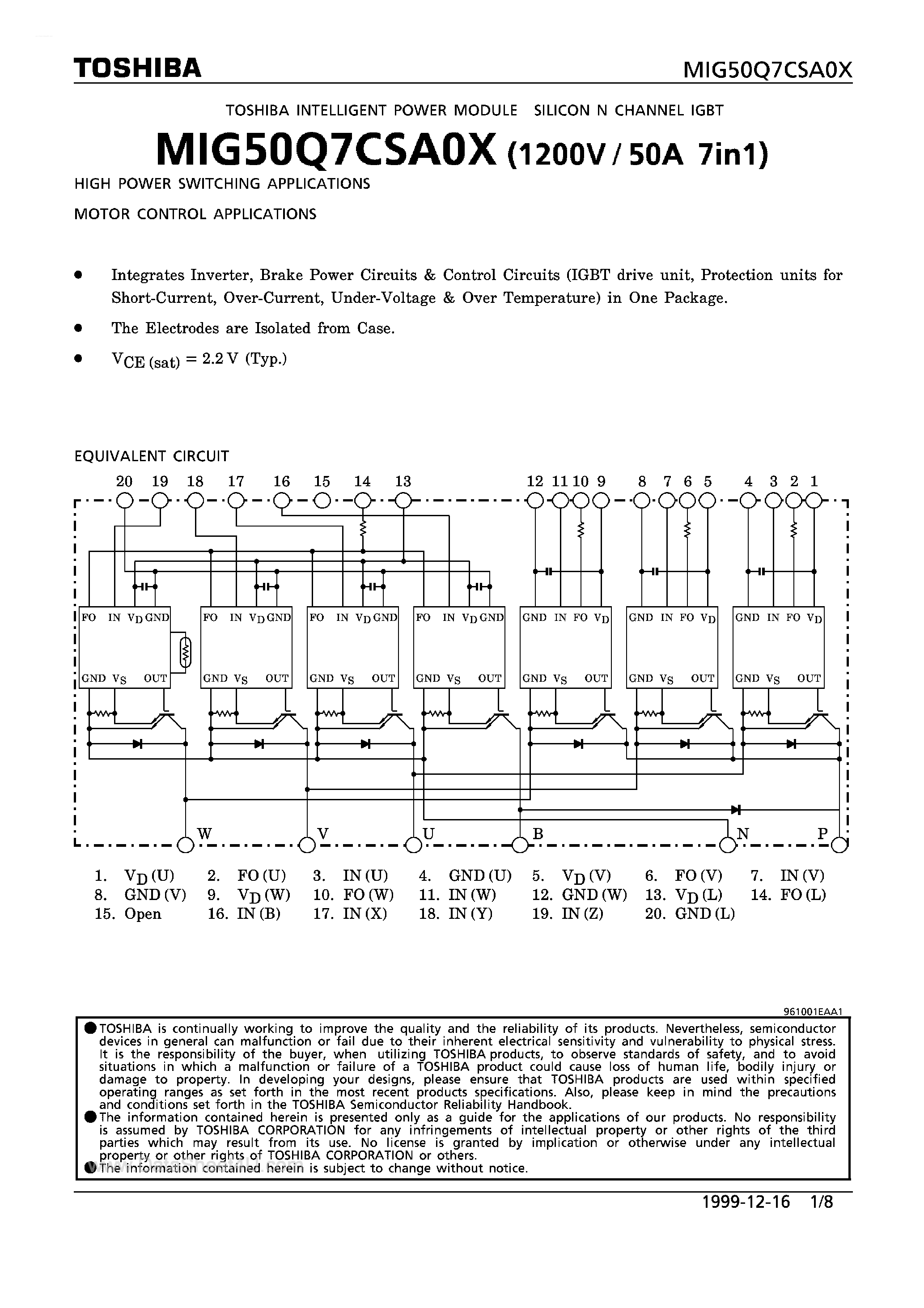 Datasheet MIG50Q7CSA0X - High Power Switching Applications Motor Control Applications page 1