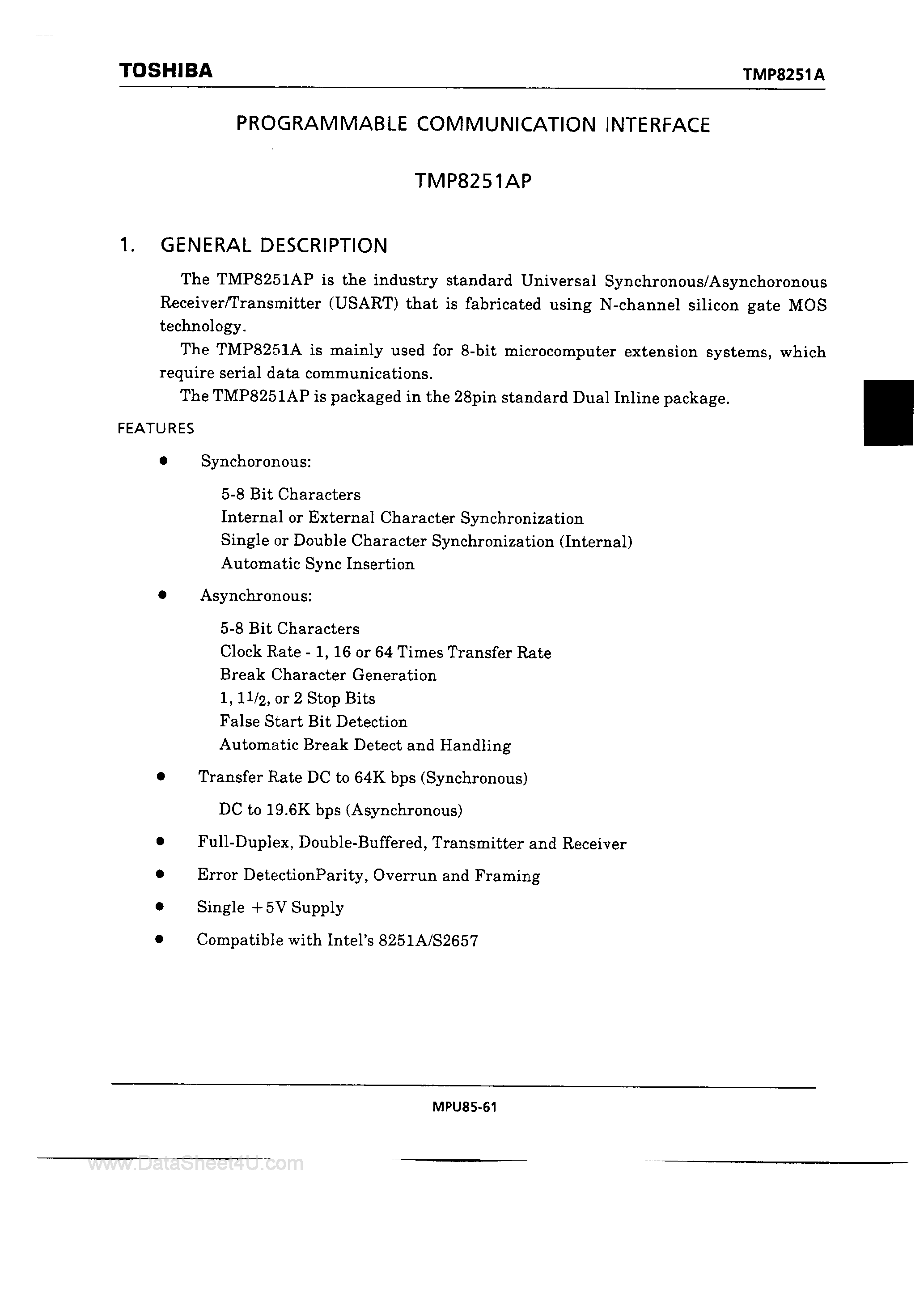 Даташит TMP8251AP - Programmable Communication Interface страница 1