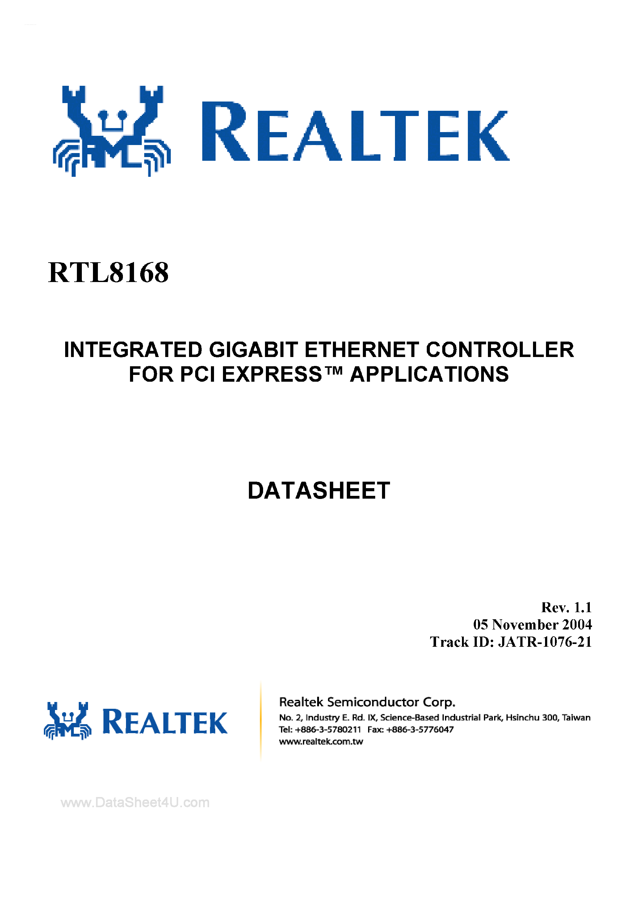 Даташит на микросхему RTL8168 страница 1 Даташит RTL8168 - Integrated Gigabit Ethernet Controller страница 1