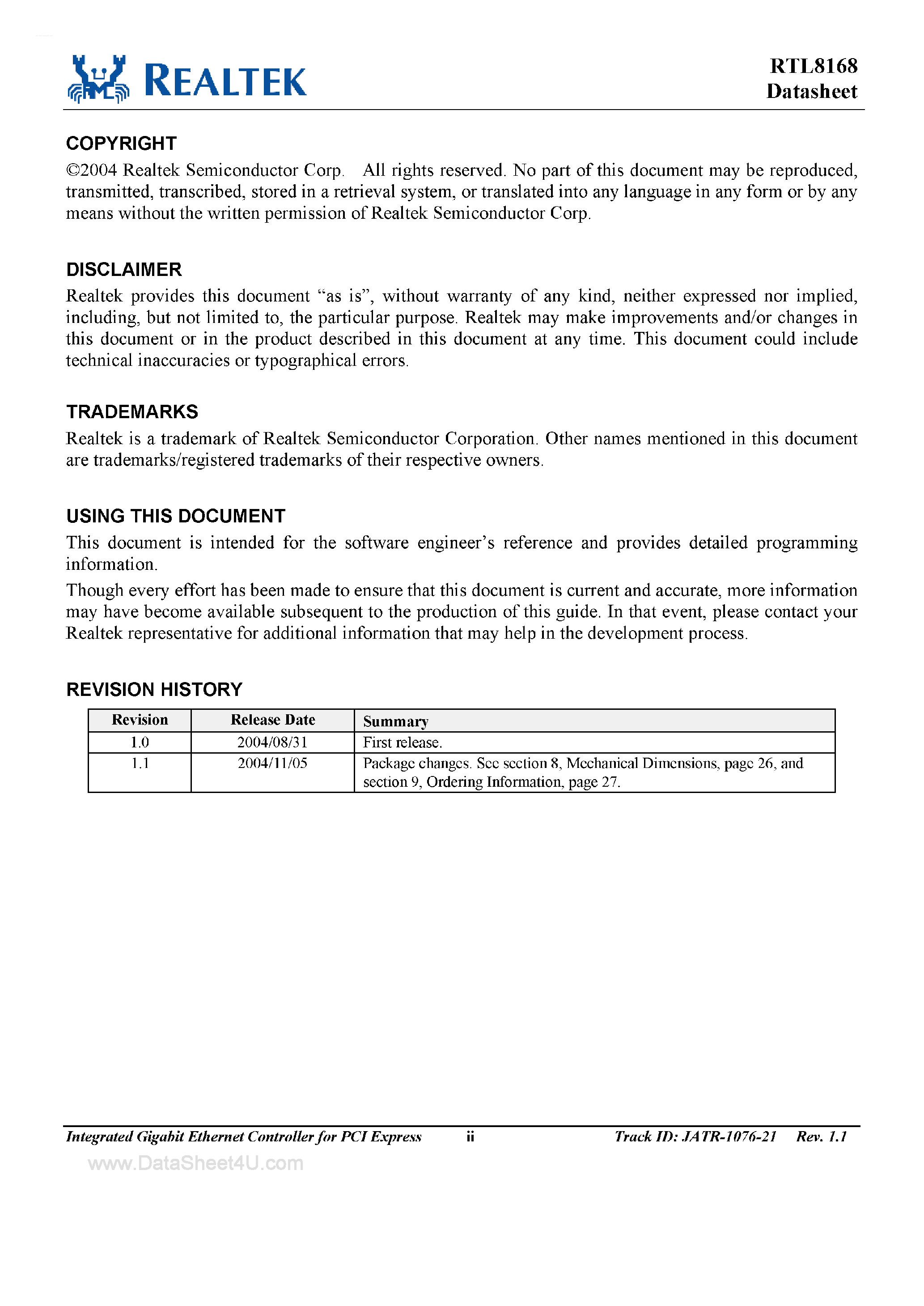 Даташит на микросхему RTL8168 страница 2 Даташит RTL8168 - Integrated Gigabit Ethernet Controller страница 2