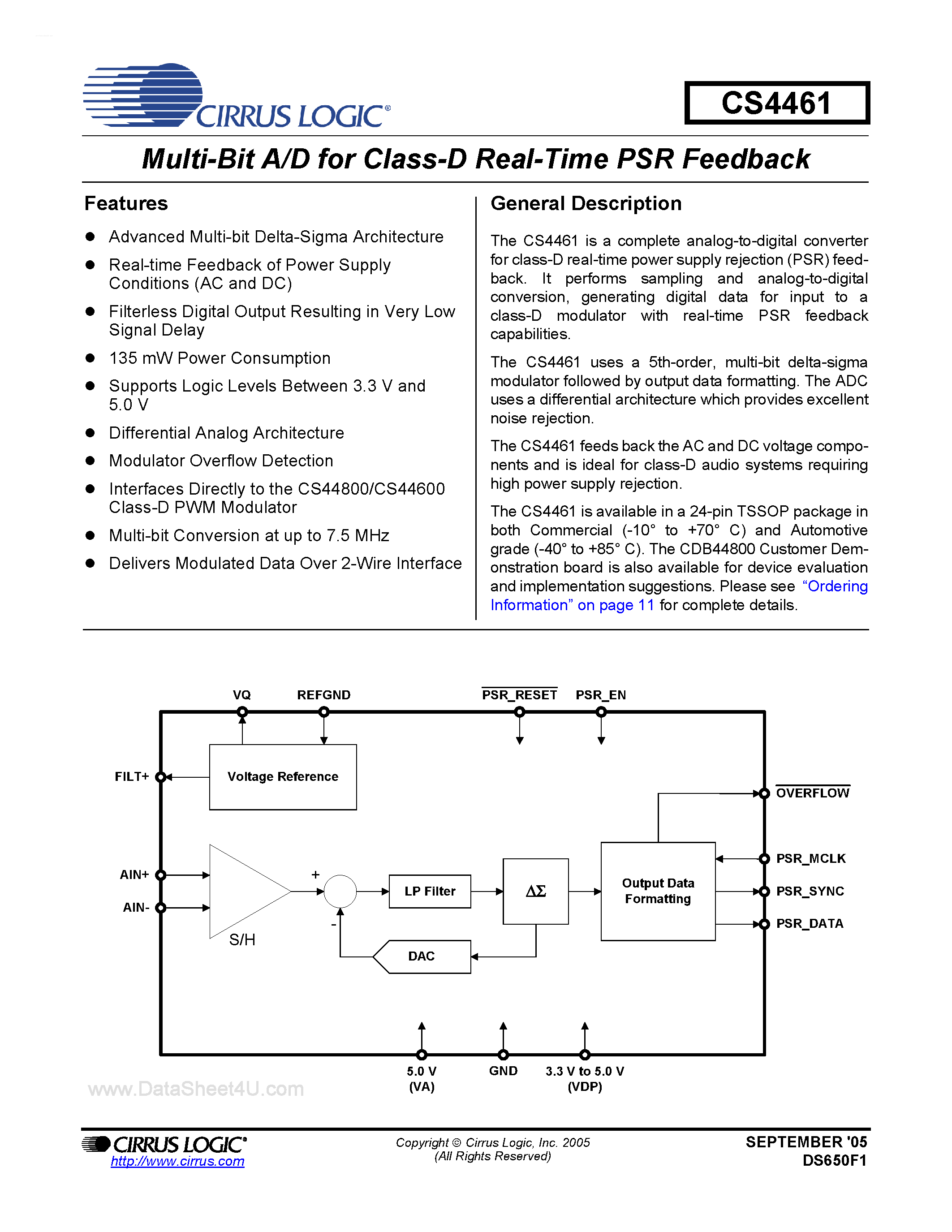 Datasheet CDB4461 page 1 Datasheet CDB4461 - Multi-Bit A/D for Class-D Real-Time PSR Feedback page 1