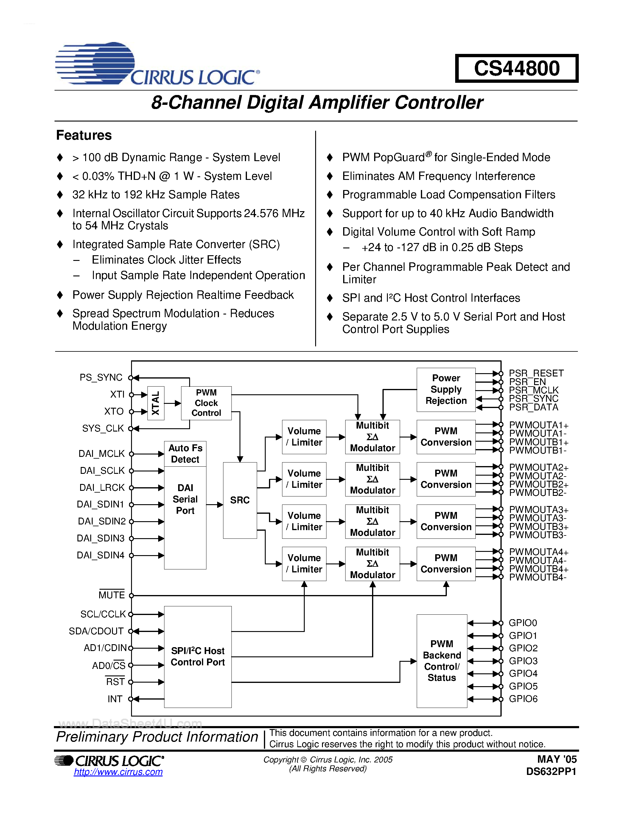 Даташит на микросхему CDB44800 страница 1 Даташит CDB44800 - 8-Channel Digital Amplifier Controller страница 1