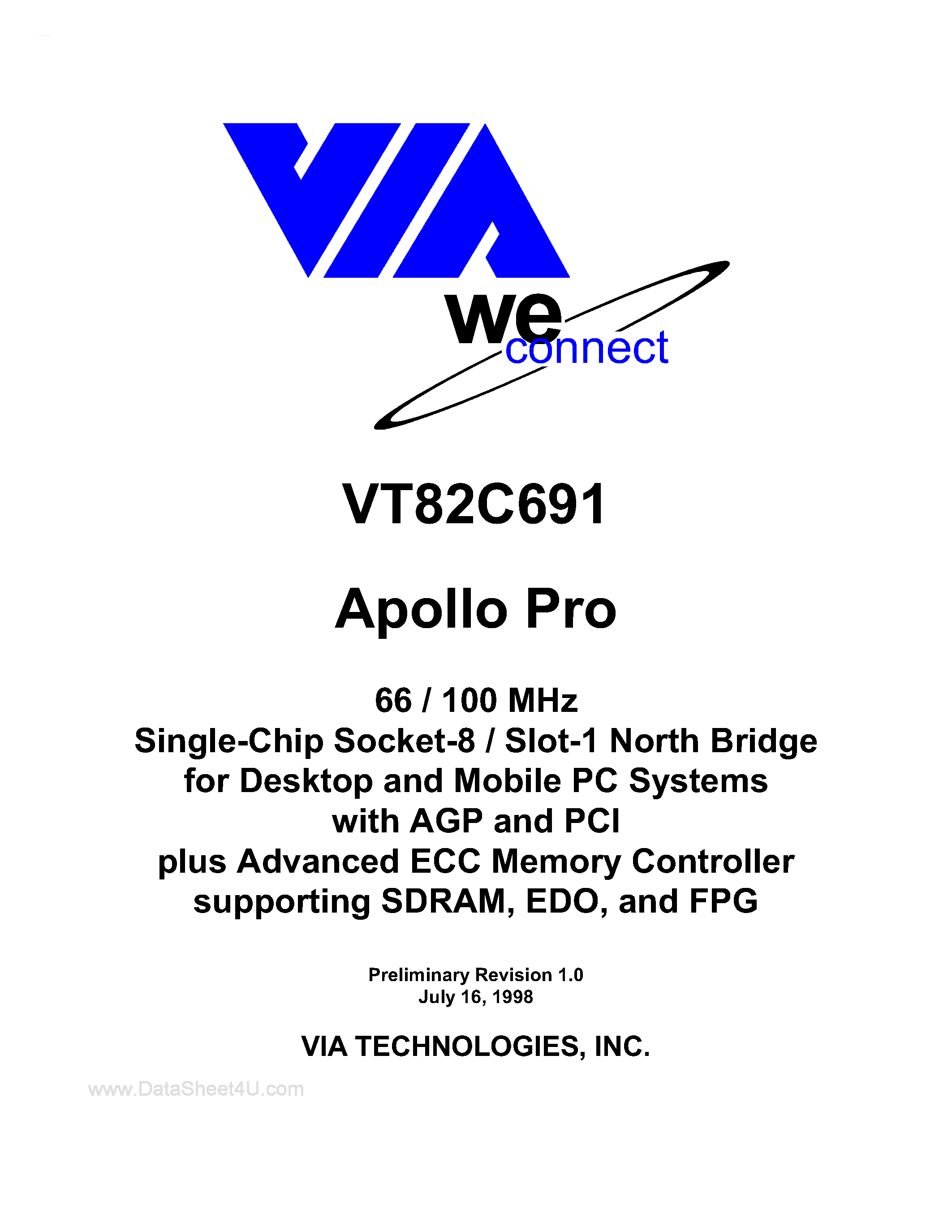 Datasheet VT82C691 - Apollo Pro 66/100 MHZ Single-chip Socket-8/slot-1 North Bridge page 1