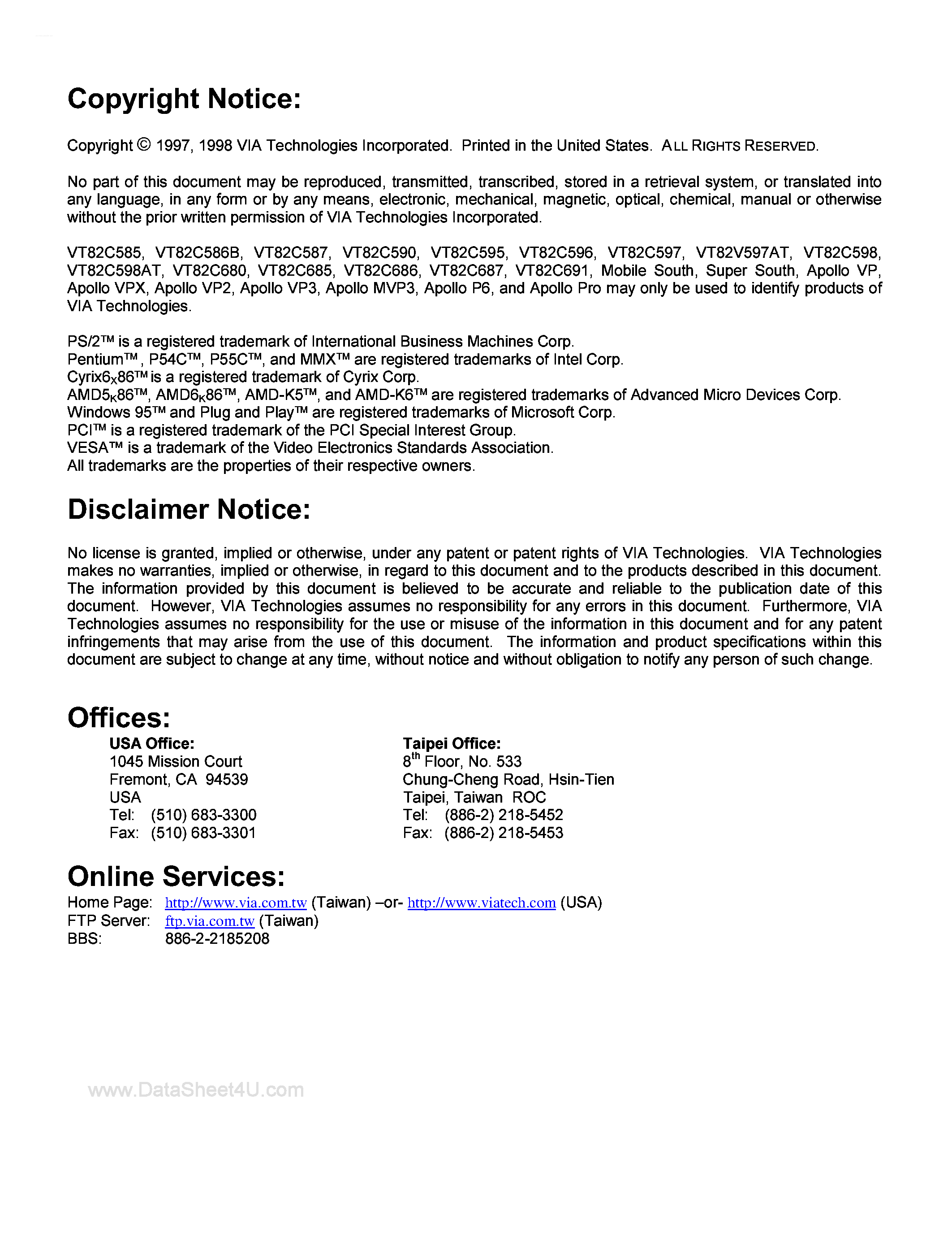 Datasheet VT82C691 - Apollo Pro 66/100 MHZ Single-chip Socket-8/slot-1 North Bridge page 2