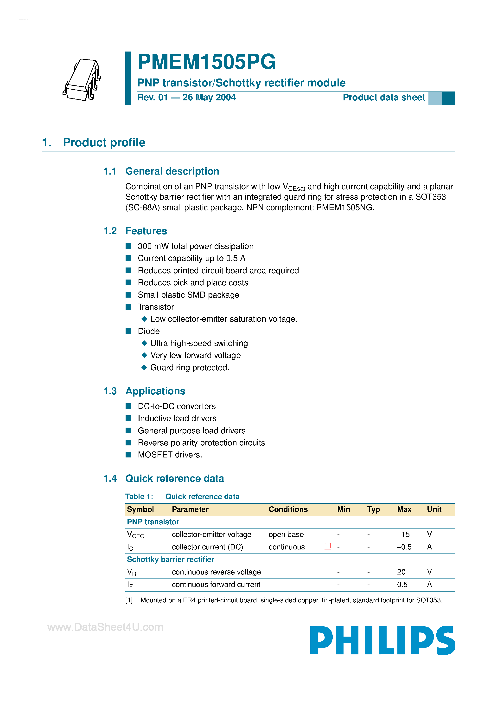 Даташит PMEM1505PG - PNP transistor/Schottky rectifier module страница 1