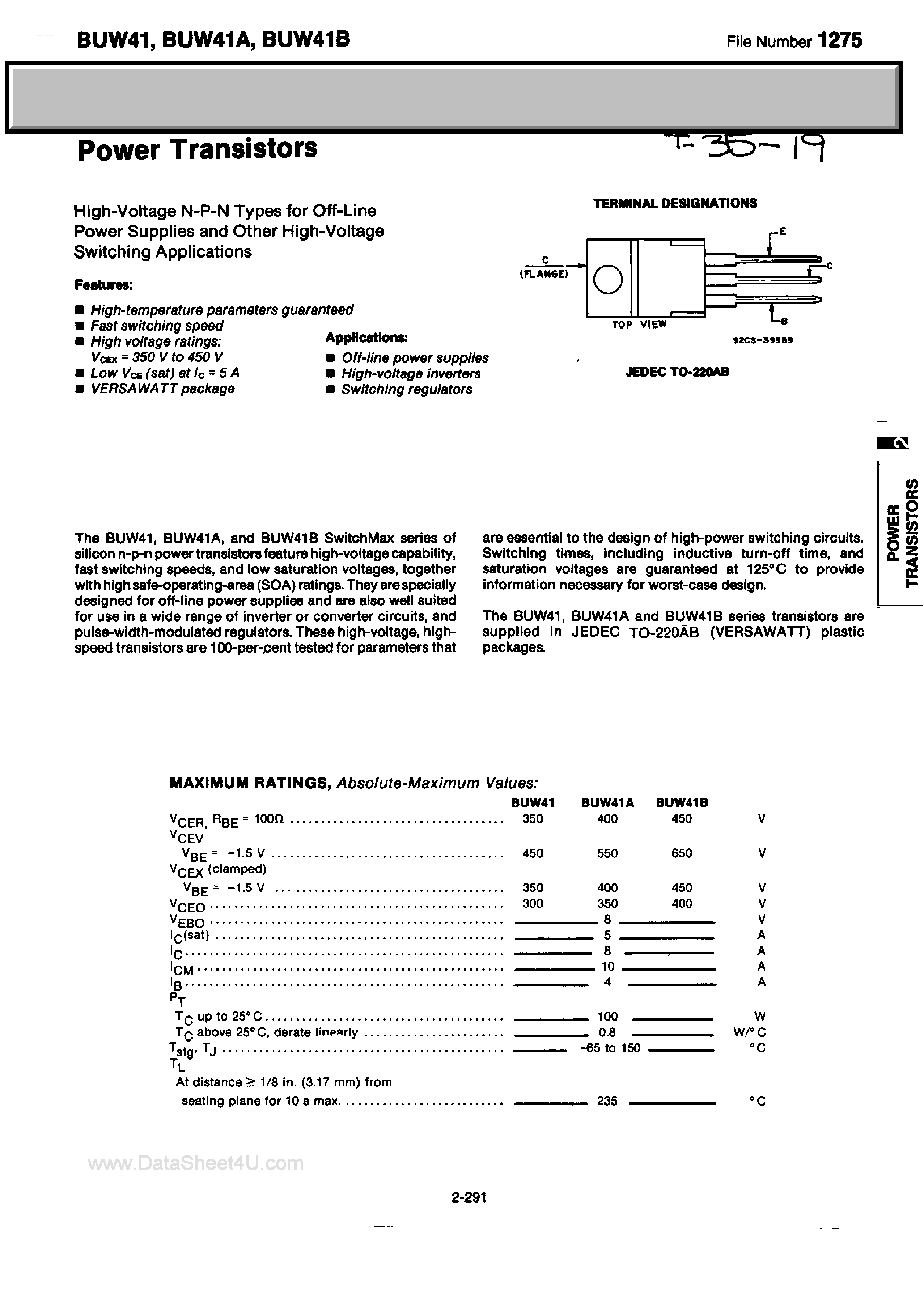 Даташит BUW41 - Power Transistors страница 1