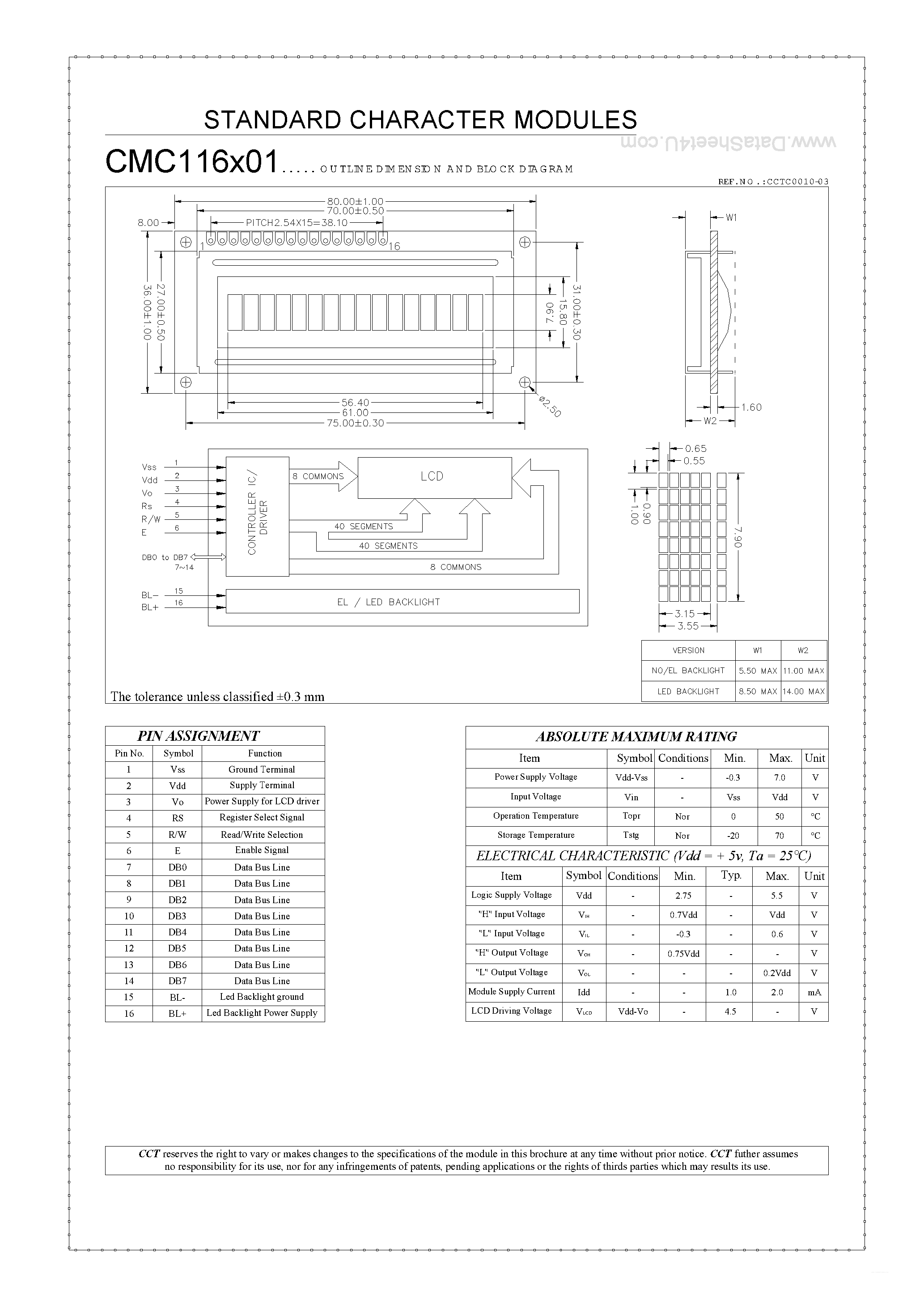 Datasheet CMC116x01 page 1 Datasheet CMC116x01 - Standard Character Modules page 1