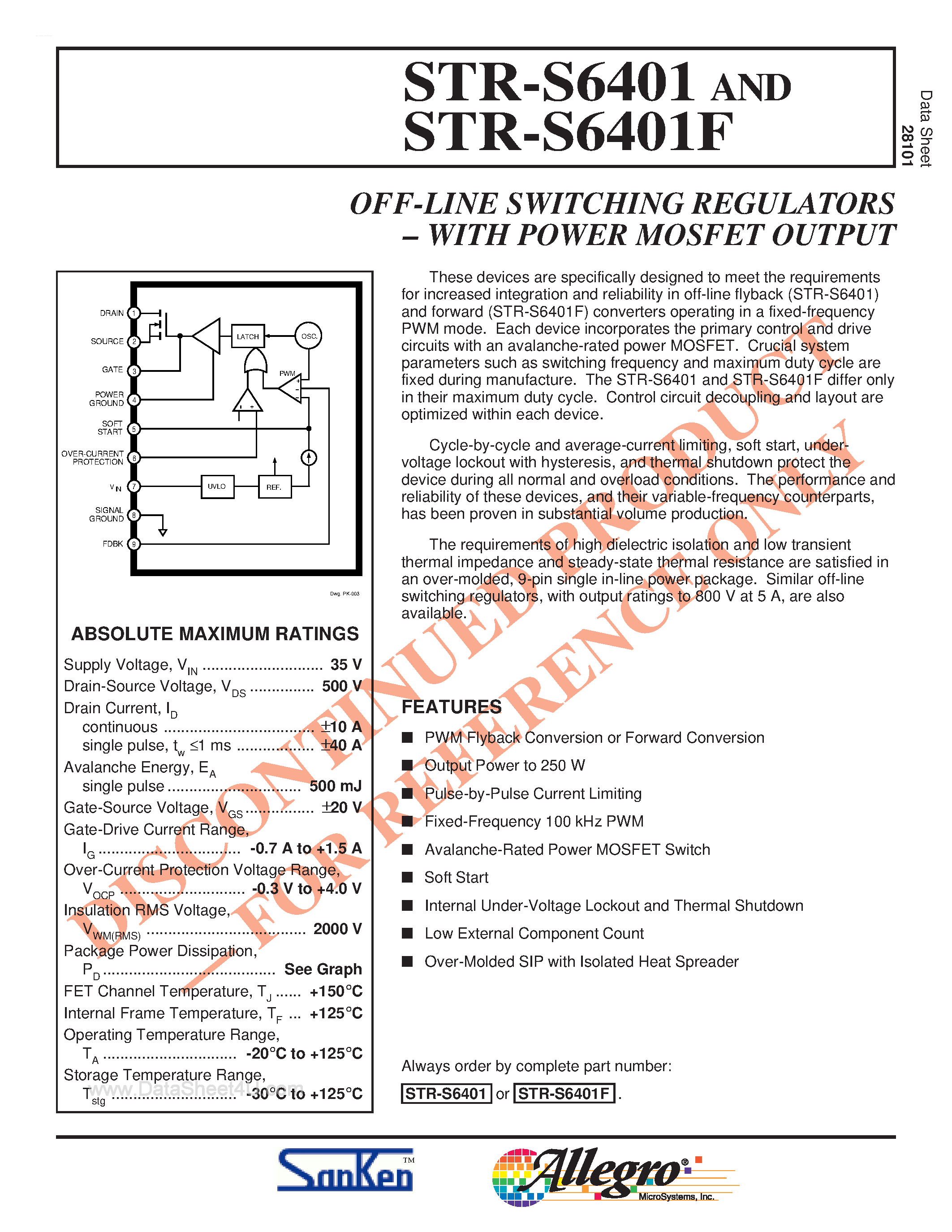 Datasheet STRS6401 page 1 Datasheet STRS6401 - OFF-LINE SWITCHING REGULATORS WITH POWER MOSFET OUTPUT page 1
