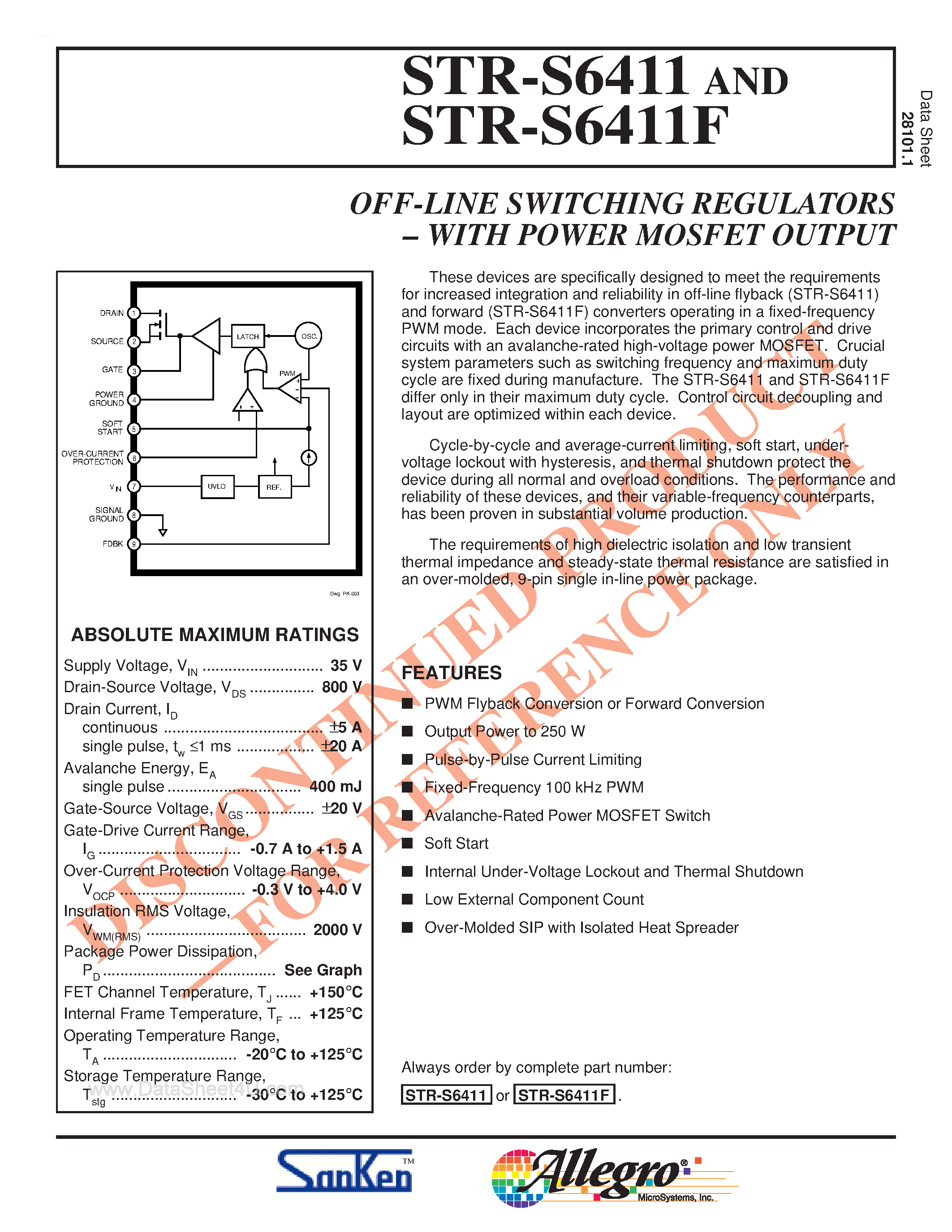 Datasheet STRS6411 page 1 Datasheet STRS6411 - OFF-LINE SWITCHING REGULATORS WITH POWER MOSFET OUTPUT page 1