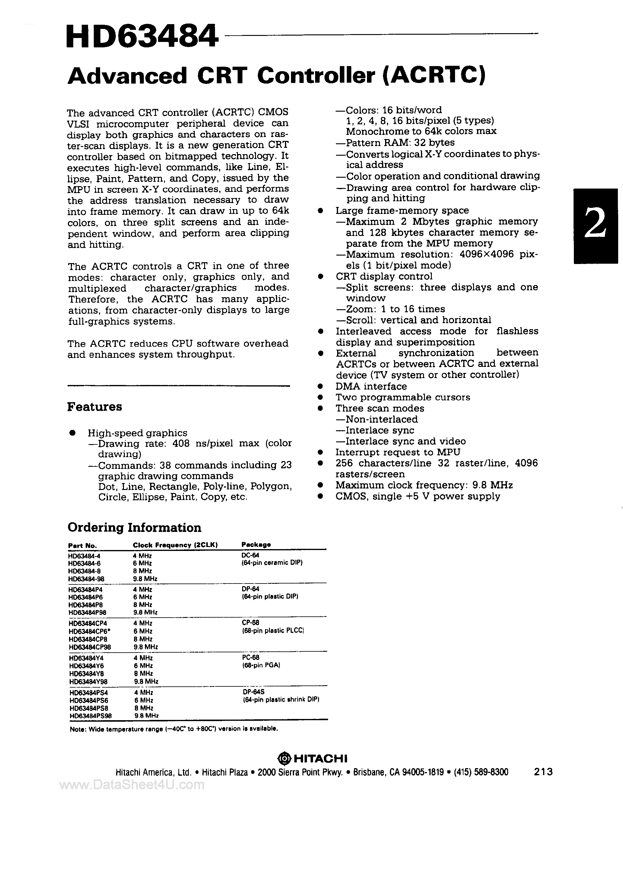 Datasheet HD63484 - Advanced CRT Controller page 1