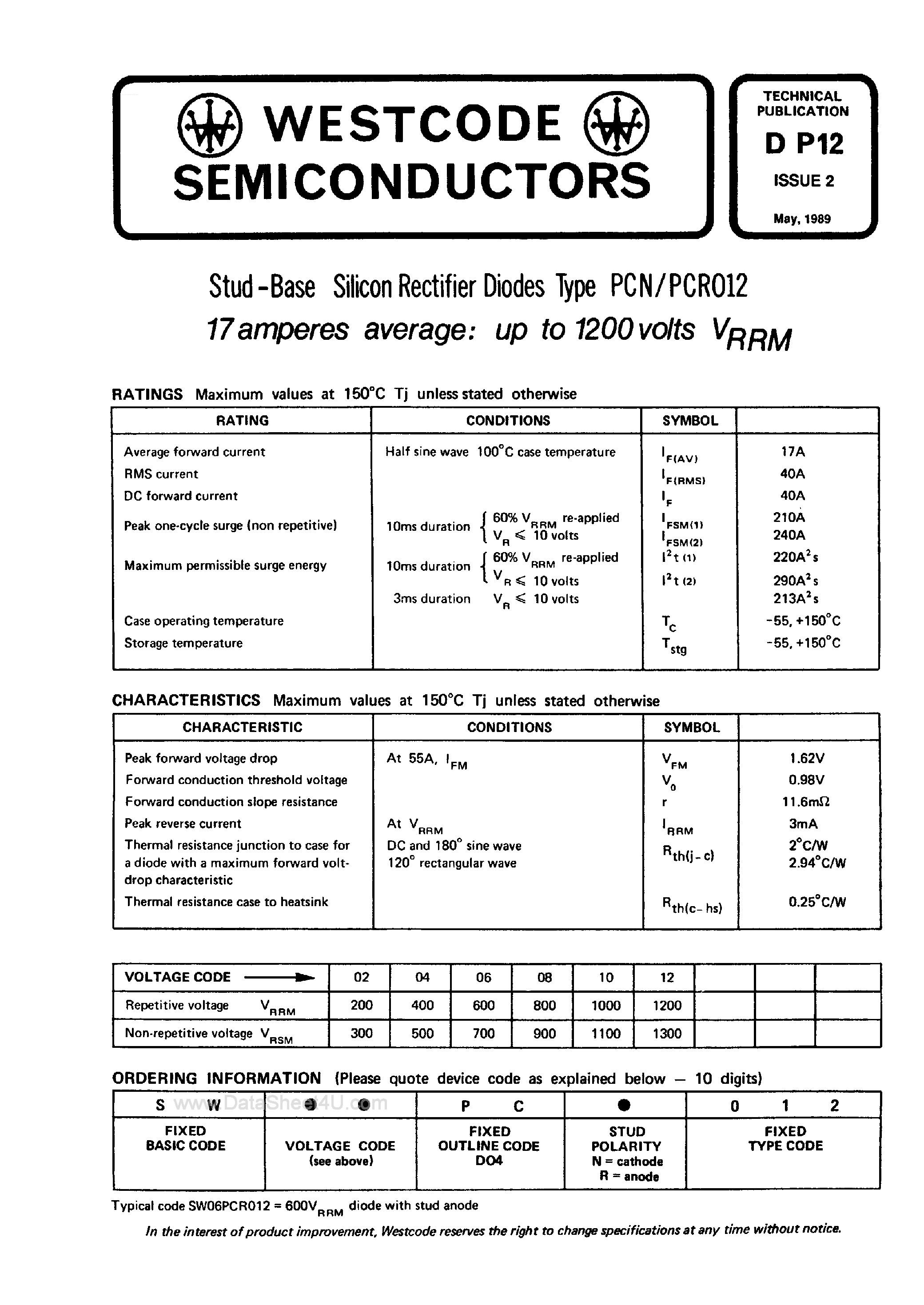 Datasheet SW15PCN012 page 1 Datasheet SW15PCN012 - Stud Base Silicon Rectifier Diodes page 1
