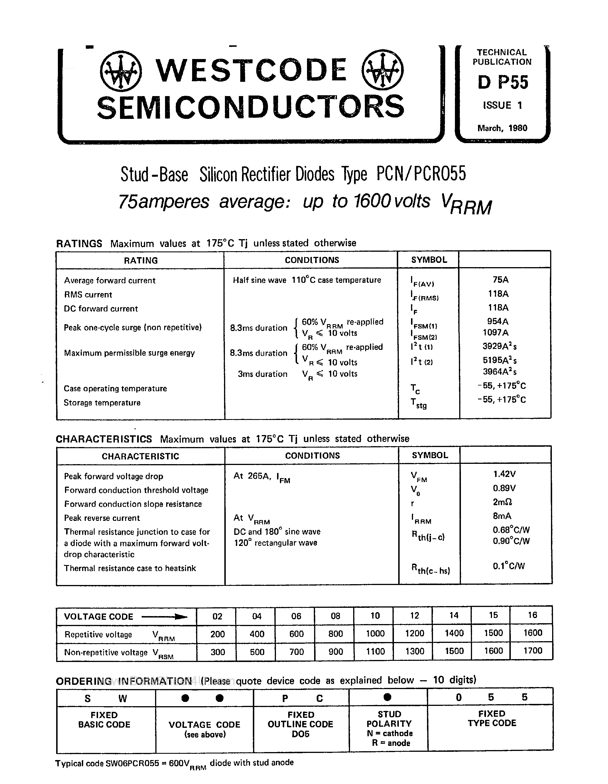 Datasheet SW15PCN055 page 1 Datasheet SW15PCN055 - Stud Base Silicon Rectifier Diodes page 1