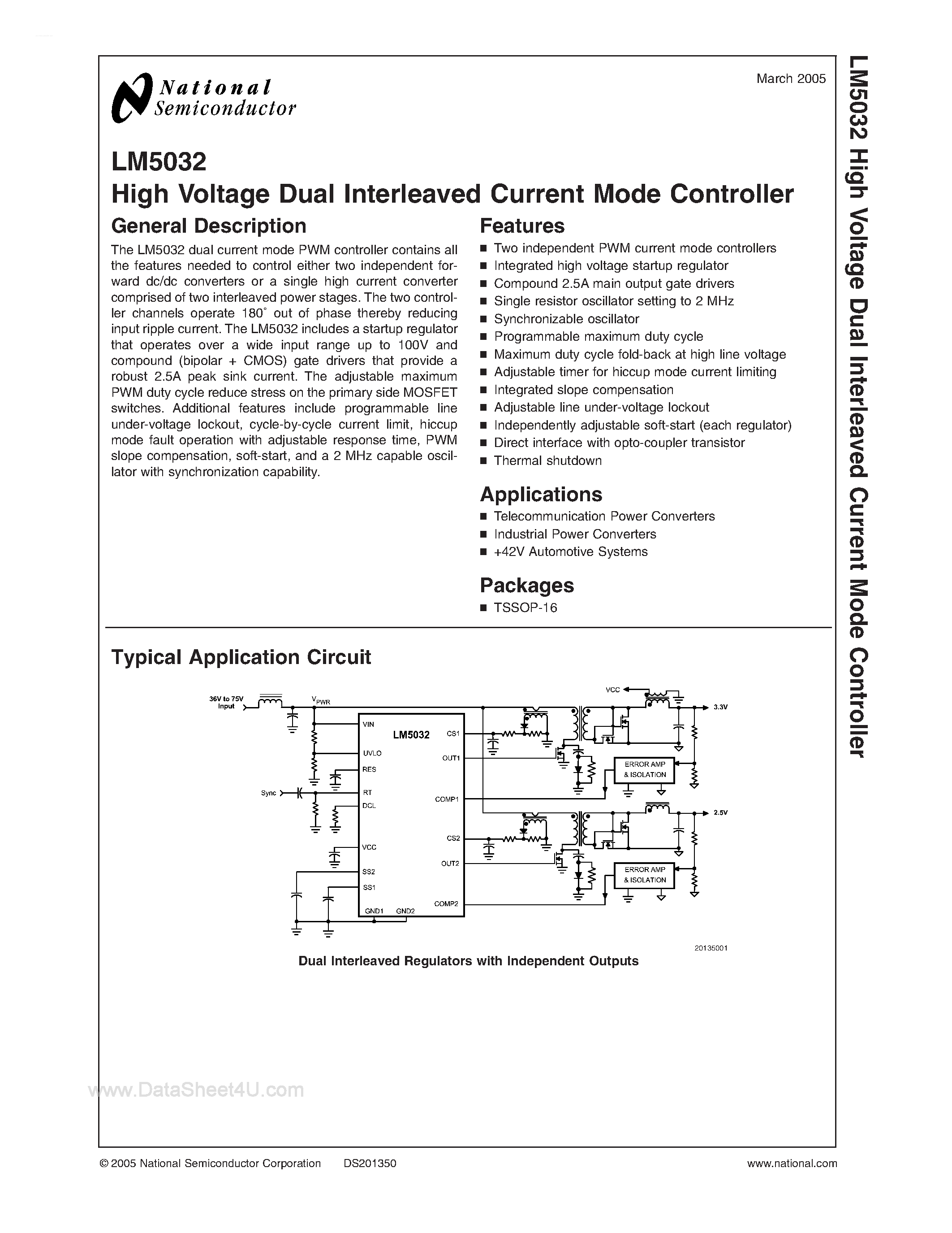 Datasheet LM5032 page 1 Datasheet LM5032 - High Voltage Dual Interleaved Current Mode Controller page 1