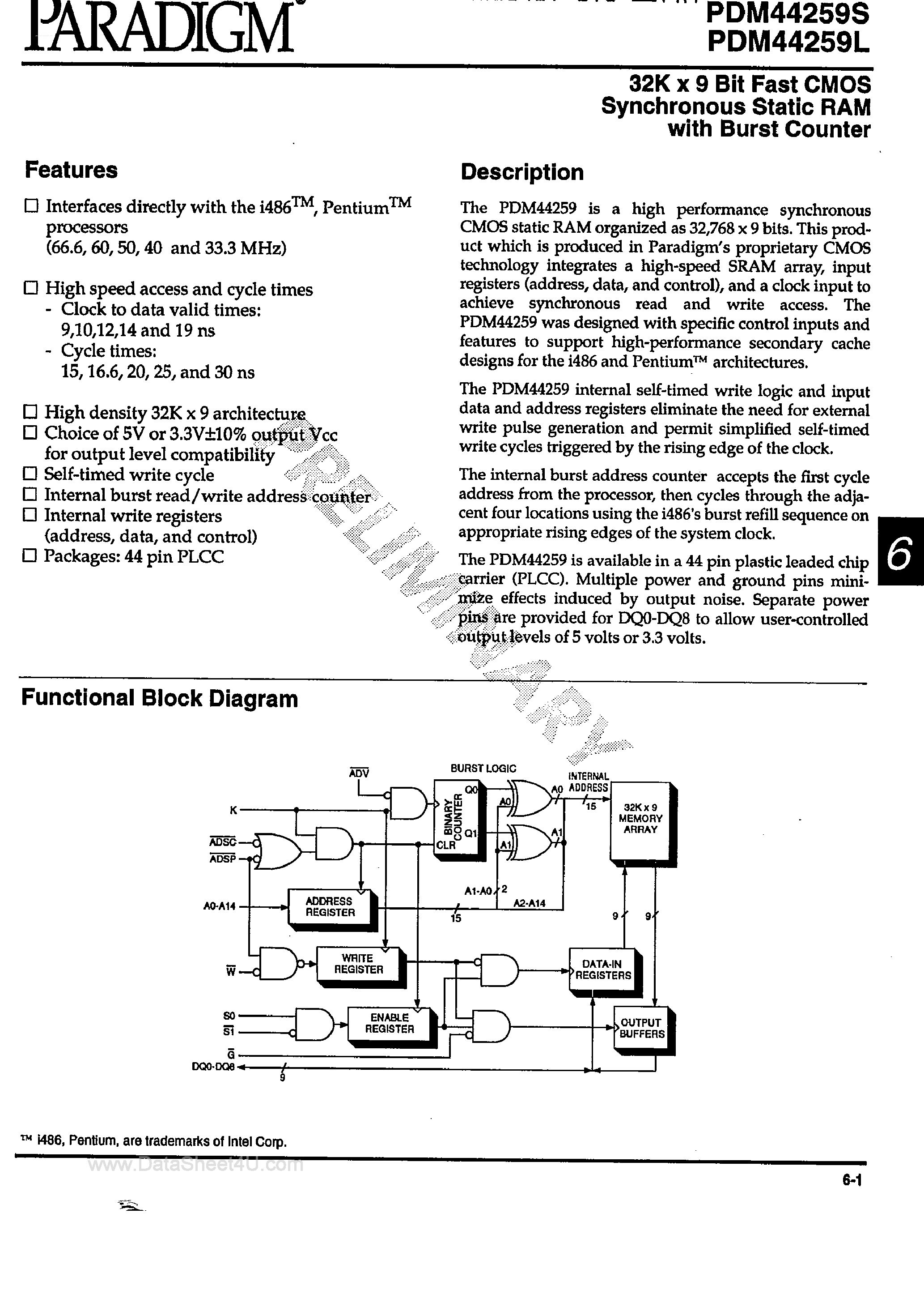 Datasheet PDM44259 page 1 Datasheet PDM44259 - 32K x 9-Bit Fast CMOS SRAM page 1