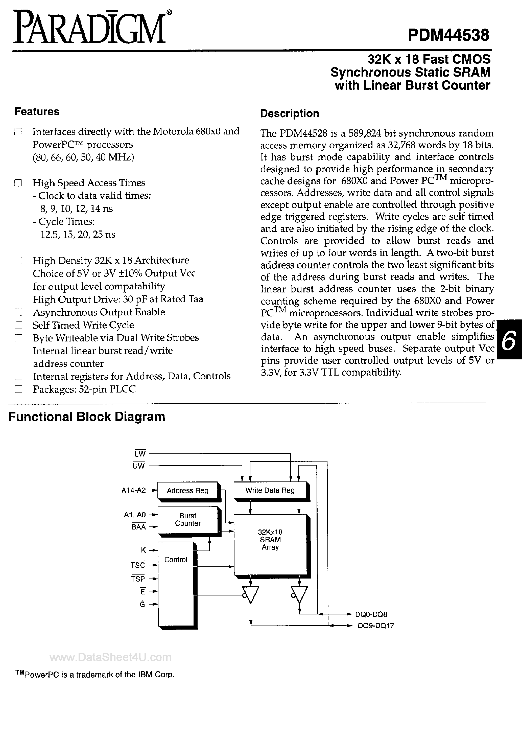 Datasheet PDM44538 page 1 Datasheet PDM44538 - 32K x 18-Bit Fast CMOS SRAM page 1