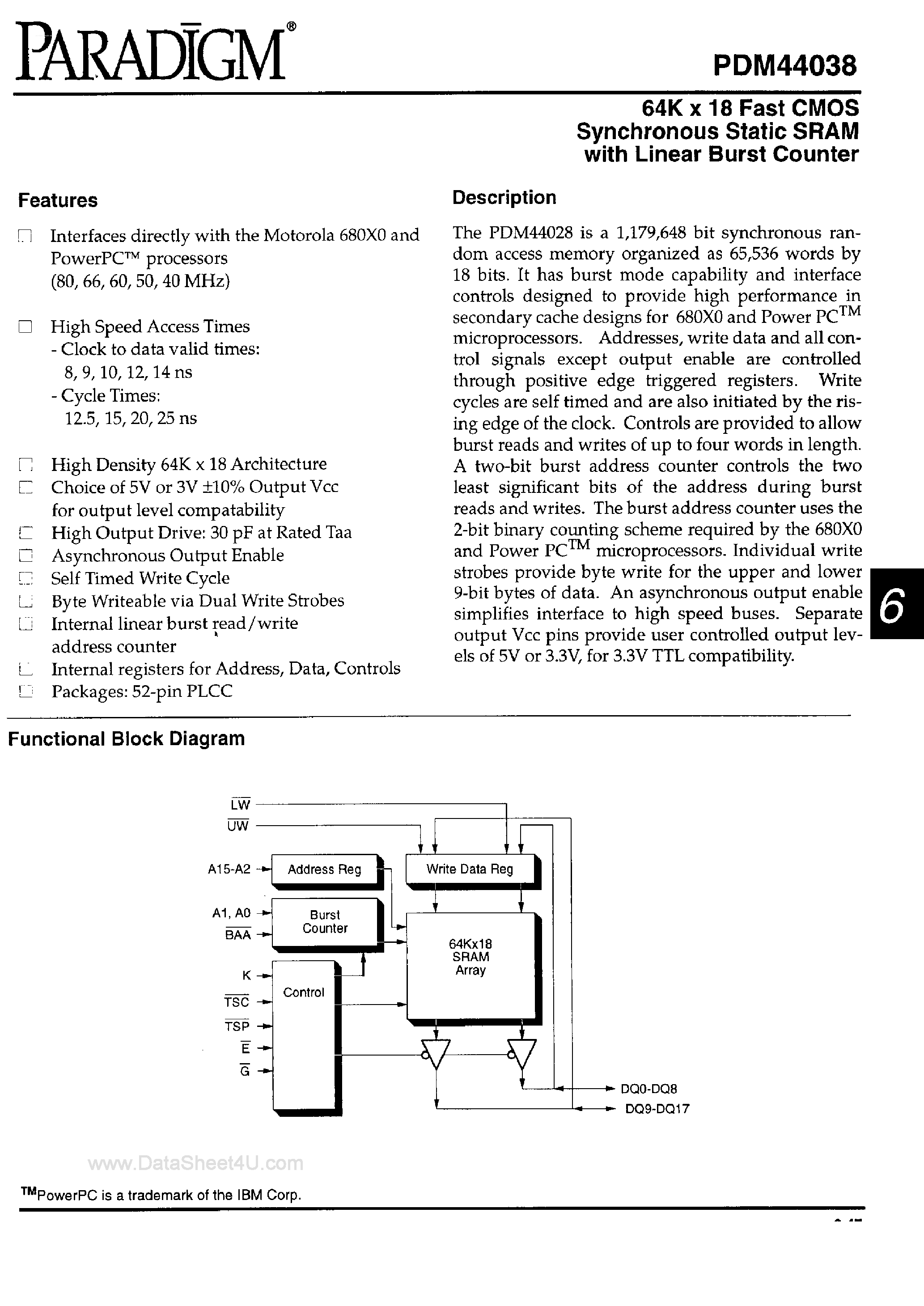 Datasheet PDM44038 - 64K x 18-Bit Fast CMOS SRAM page 1