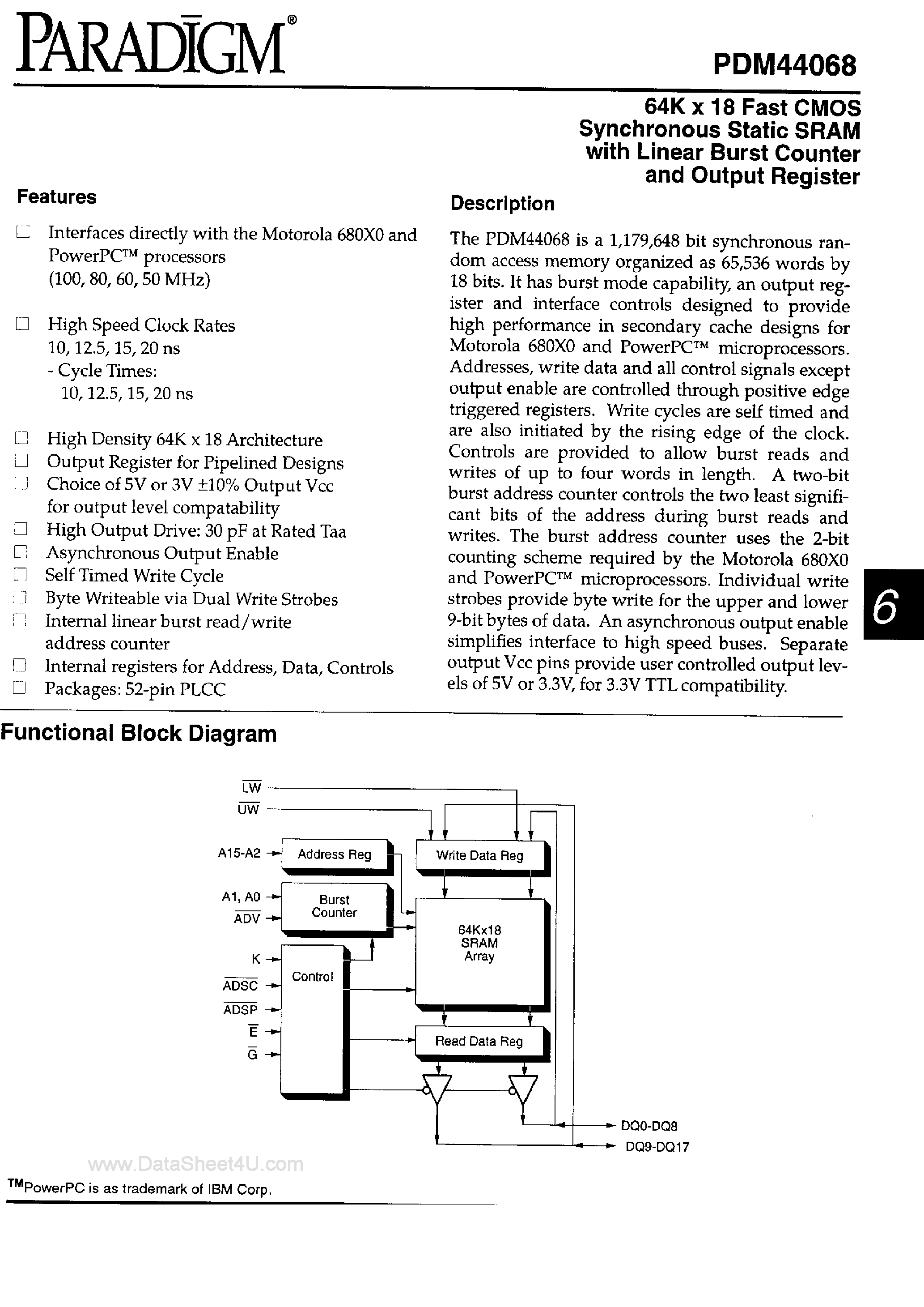 Datasheet PDM44068 page 1 Datasheet PDM44068 - 64K x 18-Bit Fast CMOS SRAM page 1