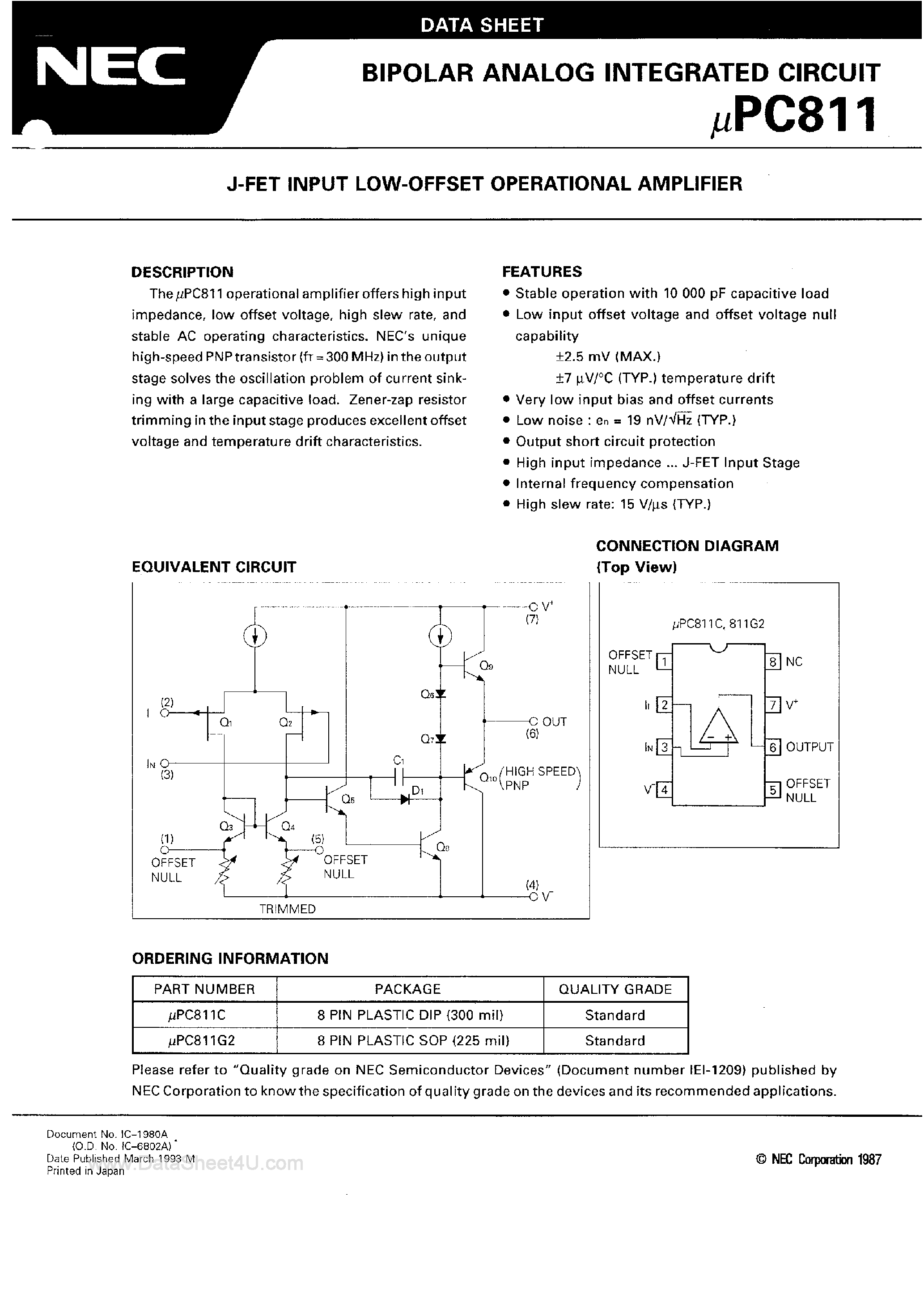 Datasheet UPC811 - J-FET Input Low Offset Operational Amplifier page 1