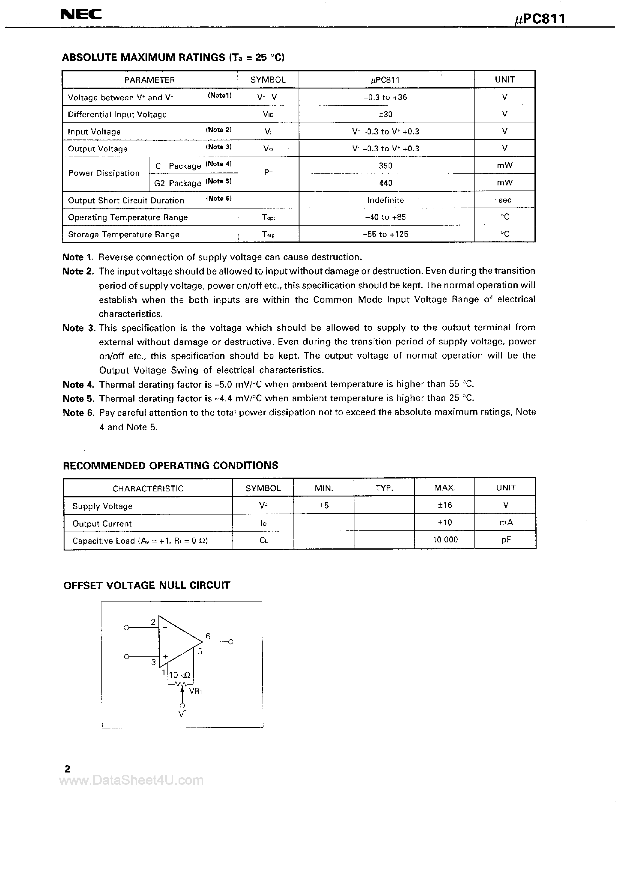 Datasheet UPC811 - J-FET Input Low Offset Operational Amplifier page 2
