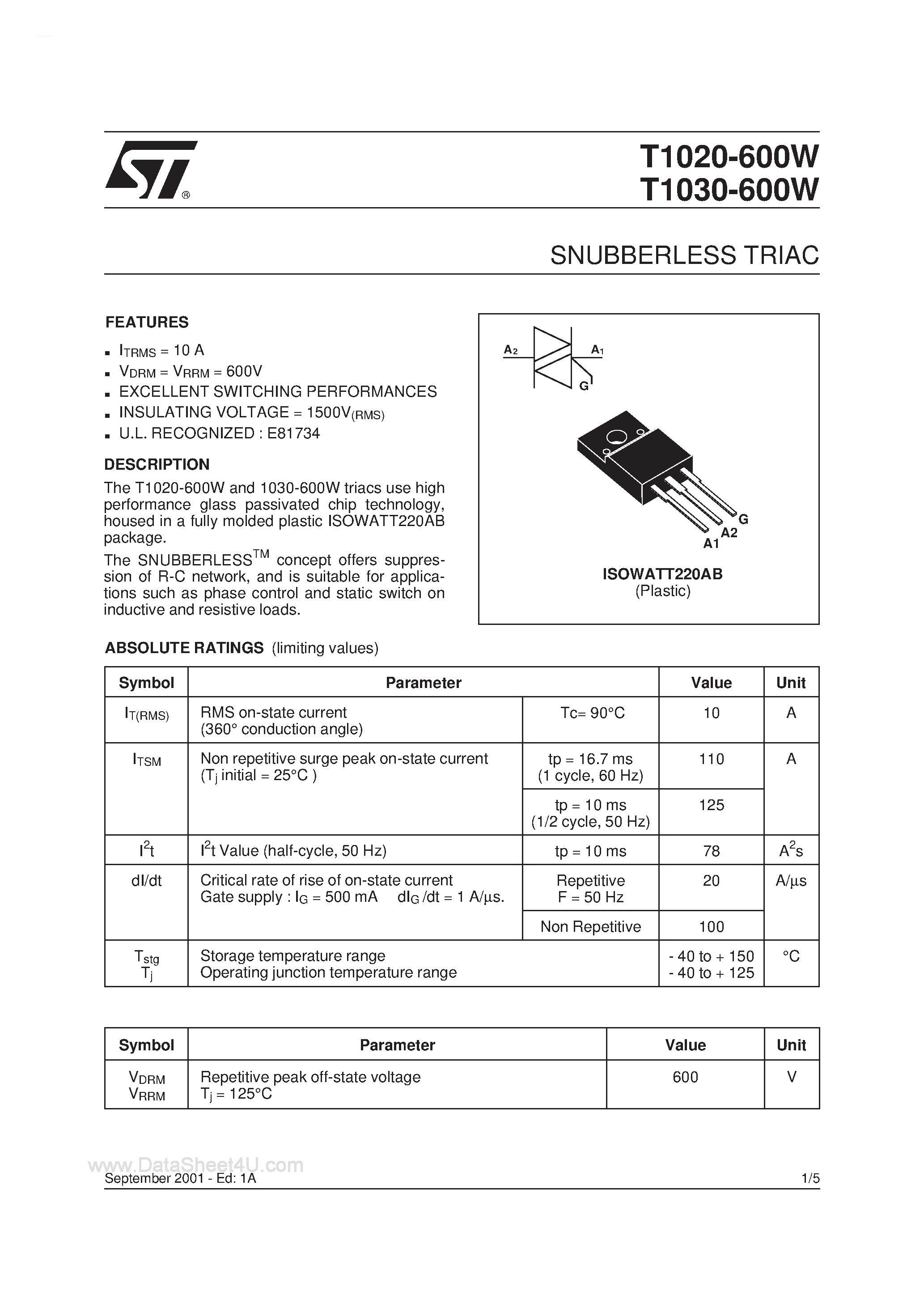 Datasheet T1020-600W - (T1020-600W / T1030-600W) SNUBBERLESS TRIAC page 1