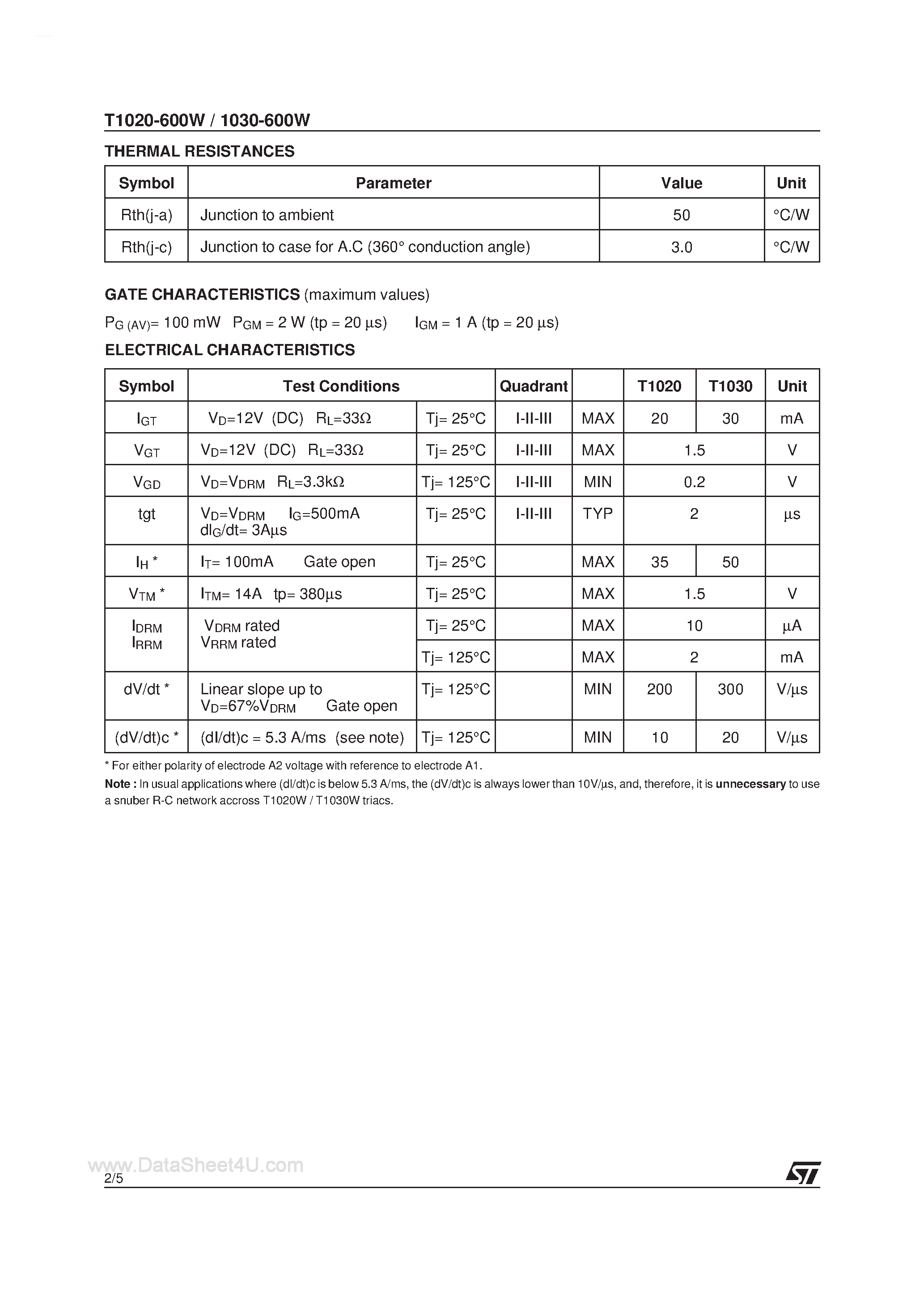 Datasheet T1020-600W - (T1020-600W / T1030-600W) SNUBBERLESS TRIAC page 2