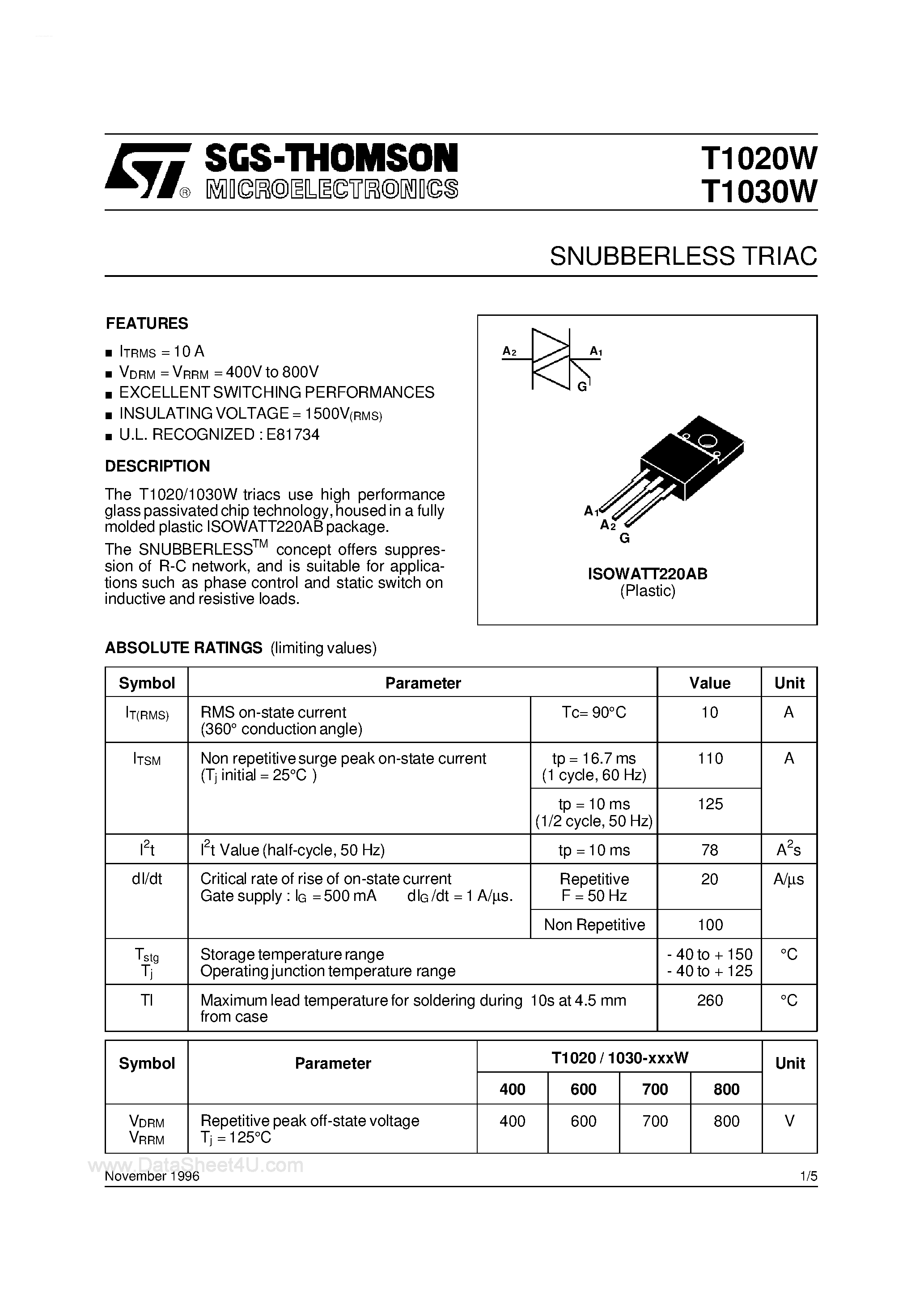 Datasheet T1020W page 1 Datasheet T1020W - (T1020W / T1030W) SNUBBERLESS TRIAC page 1