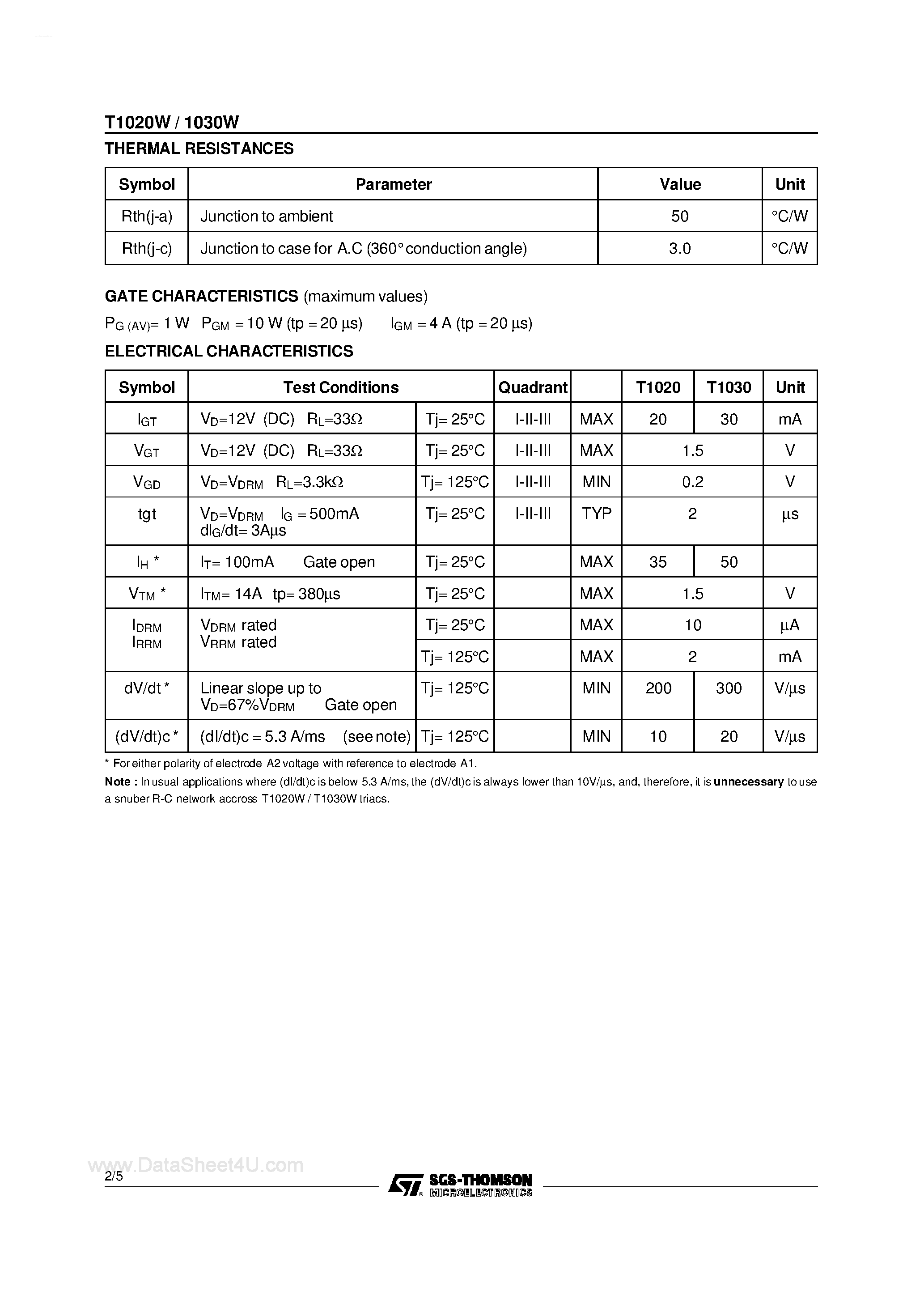 Datasheet T1020W page 2 Datasheet T1020W - (T1020W / T1030W) SNUBBERLESS TRIAC page 2