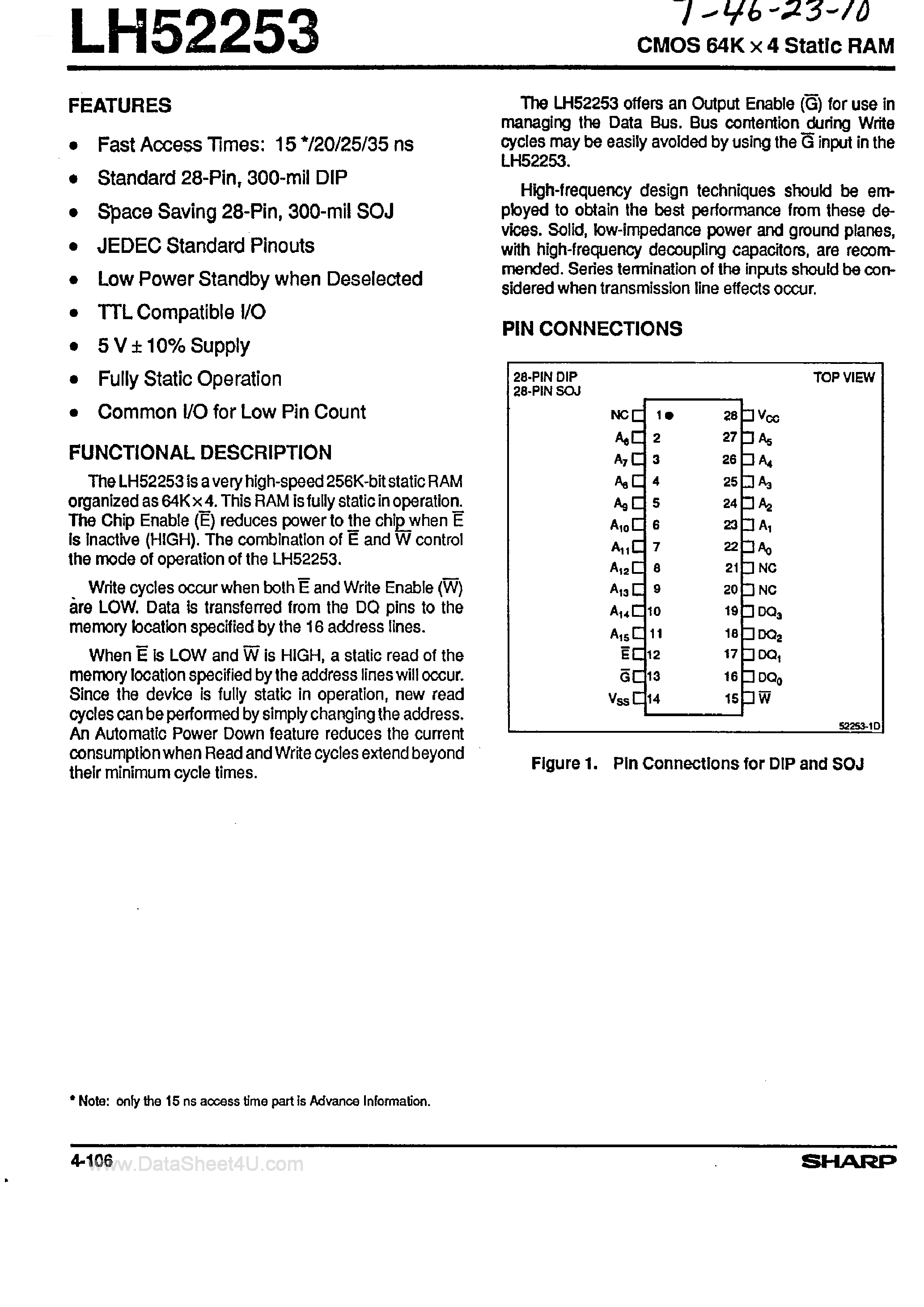 Datasheet LH52253 - CMOS 64K x 4 Static RAM page 1