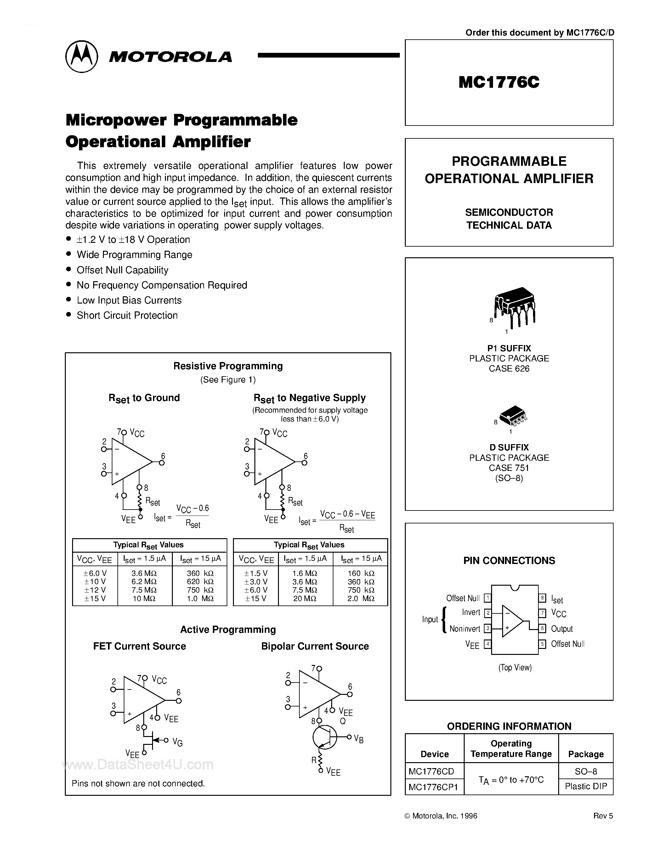 Datasheet MC1776C page 1 Datasheet MC1776C - PROGRAMMABLE OPERATIONAL AMPLIFIER page 1