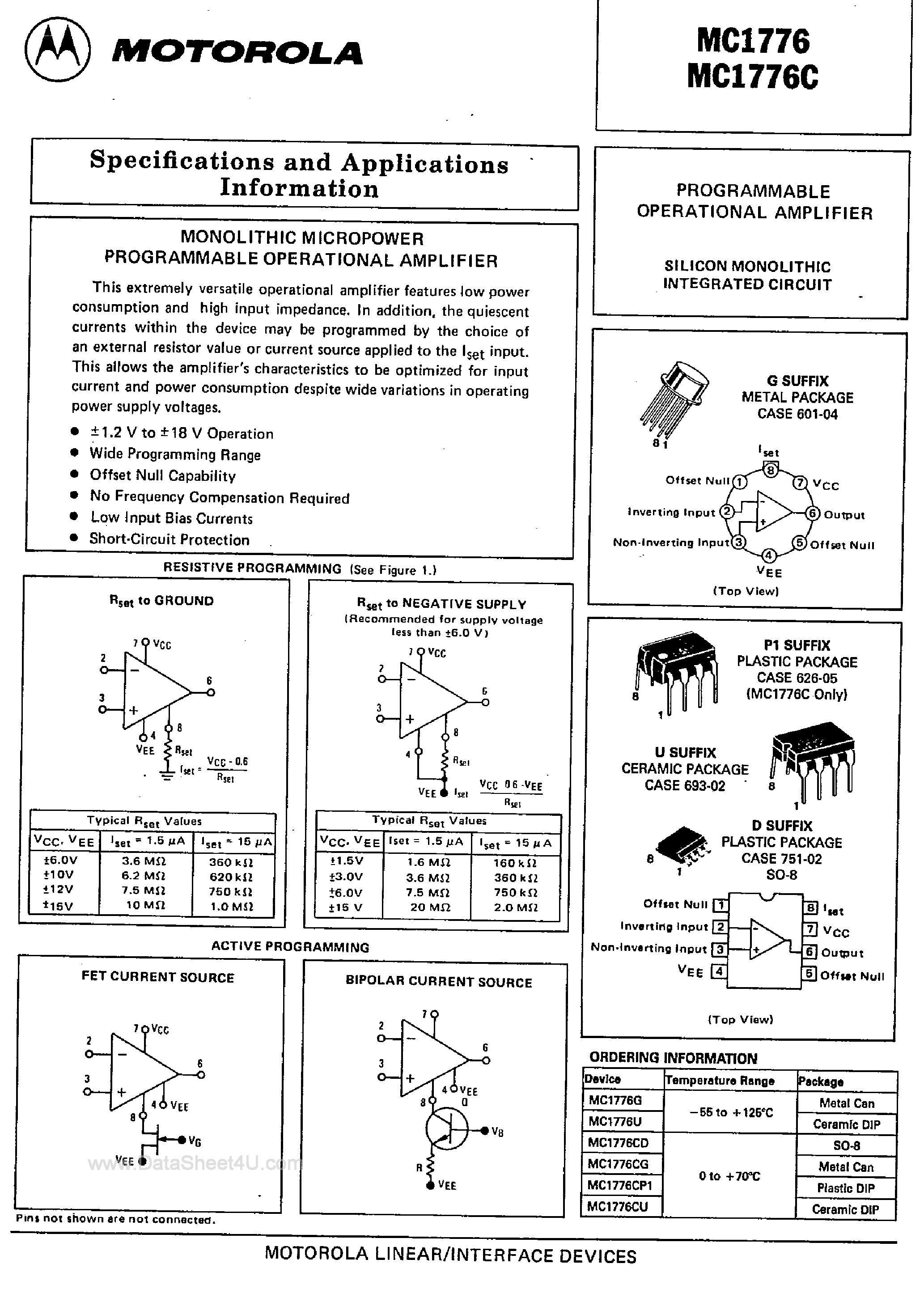 Datasheet MC1776 page 1 Datasheet MC1776 - PROGRAMMABLE OPERATIONAL AMPLIFIER page 1