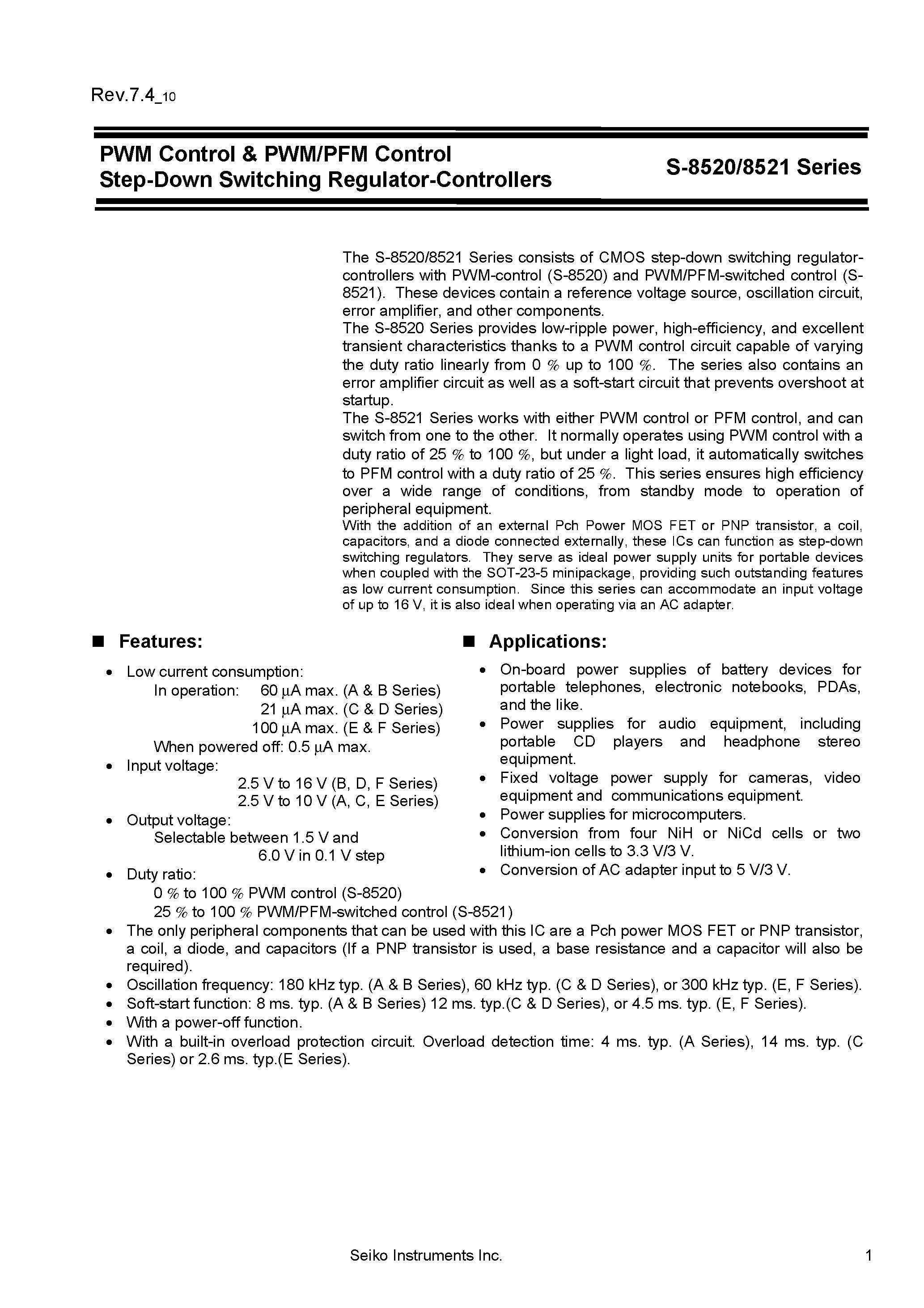 Даташит S-8520 - (S-8520 / S-8521) PWM Control and PFM Control Step DOwn Switching Regulator Controllers страница 1