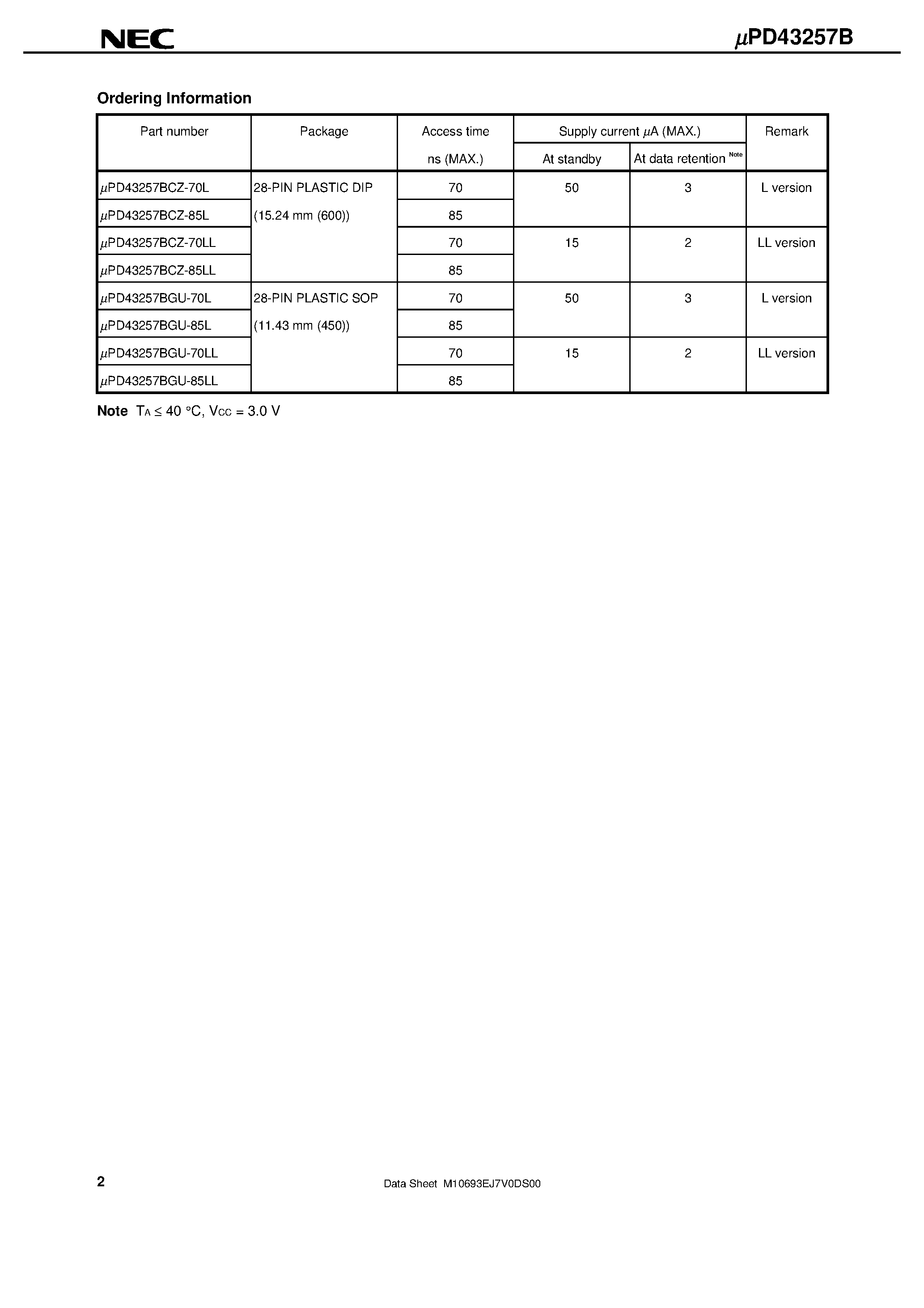 Даташит UPD43257B - 256K-BIT CMOS STATIC RAM 32K-WORD BY 8-BIT страница 2