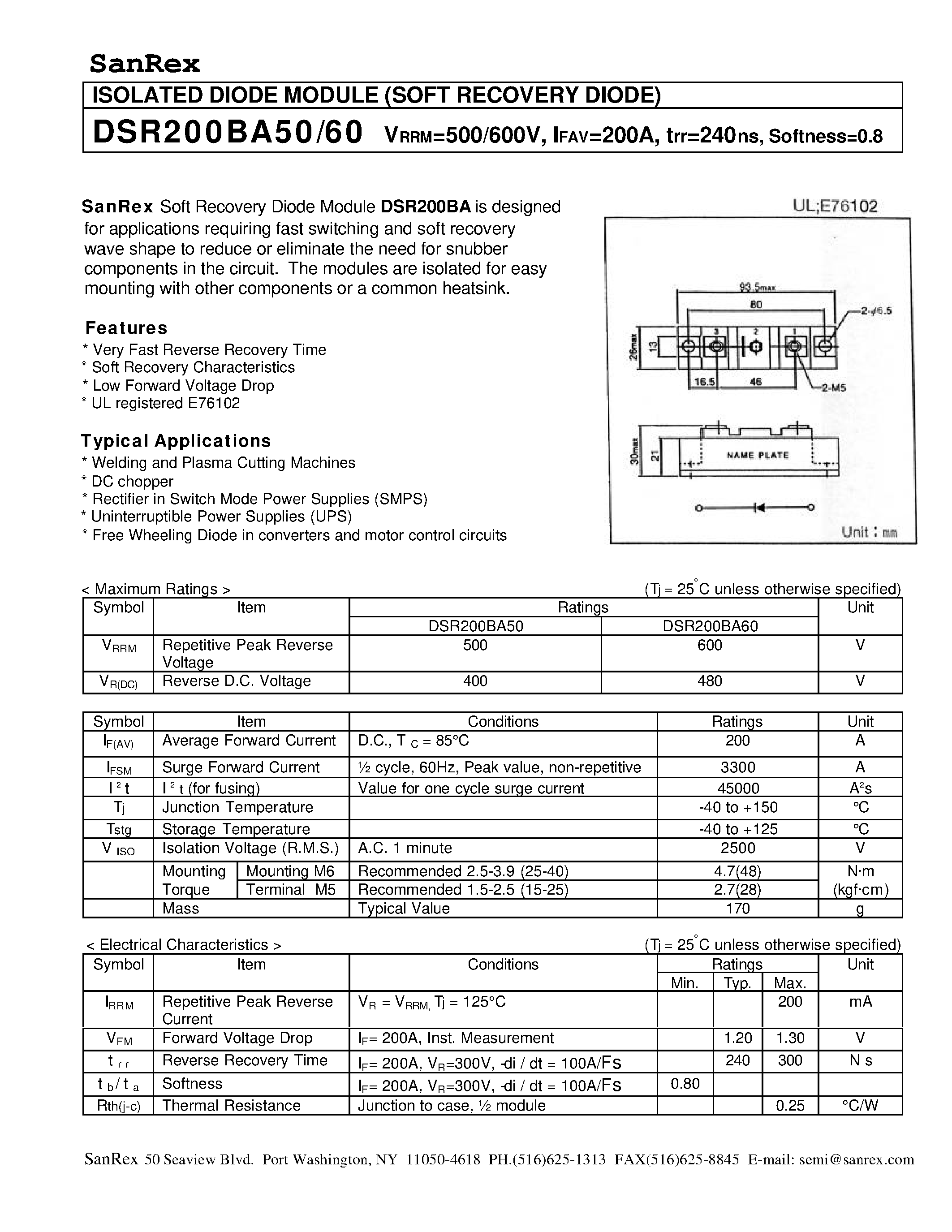 Datasheet DSR200BA50 - (DSR200BA50 / DSR200BA60) ISOLATED DIODE MODULE (SOFT RECOVERY DIODE) page 1