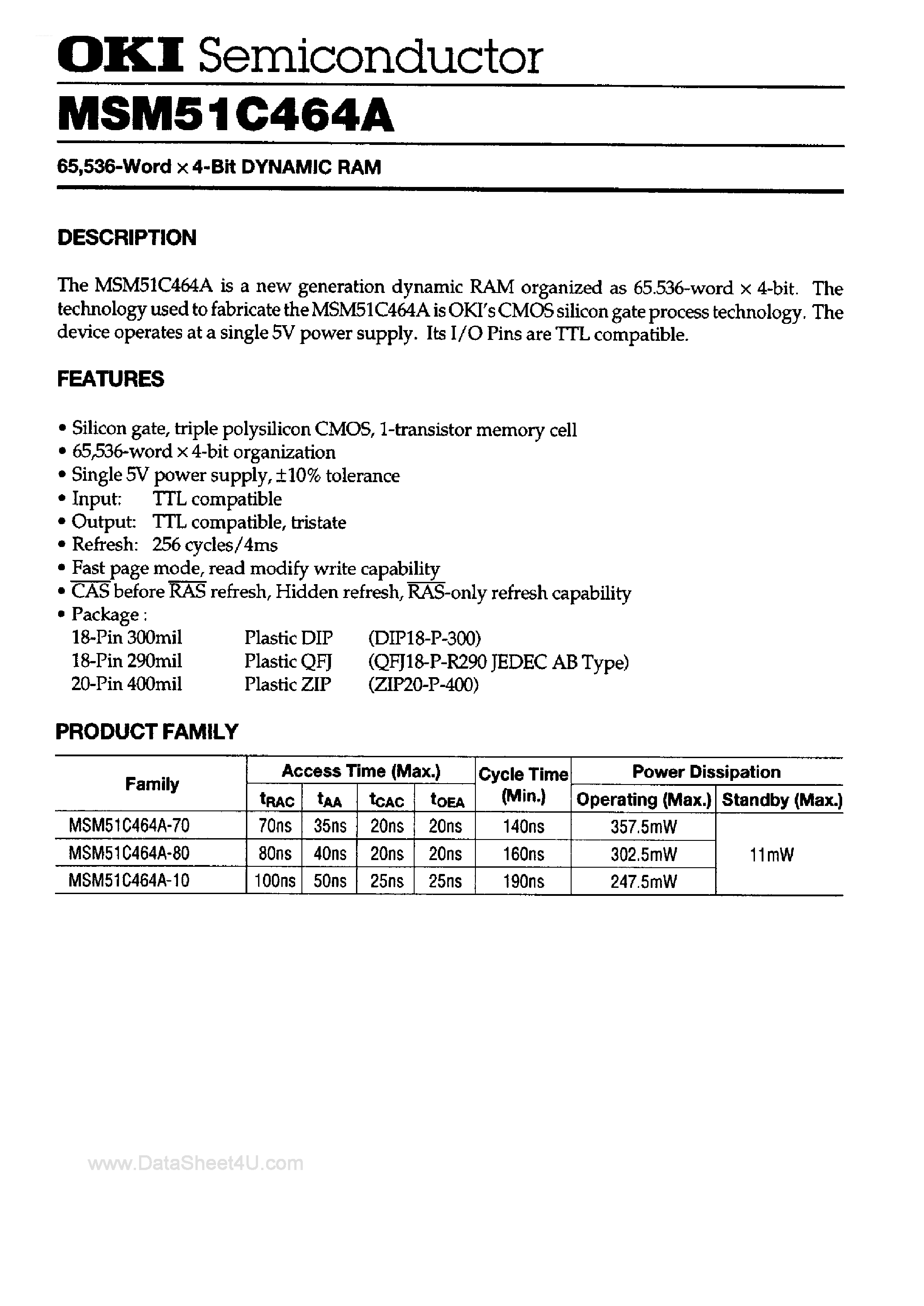 Datasheet MSM51C464A - 65K x 4-Bit DRAM page 1
