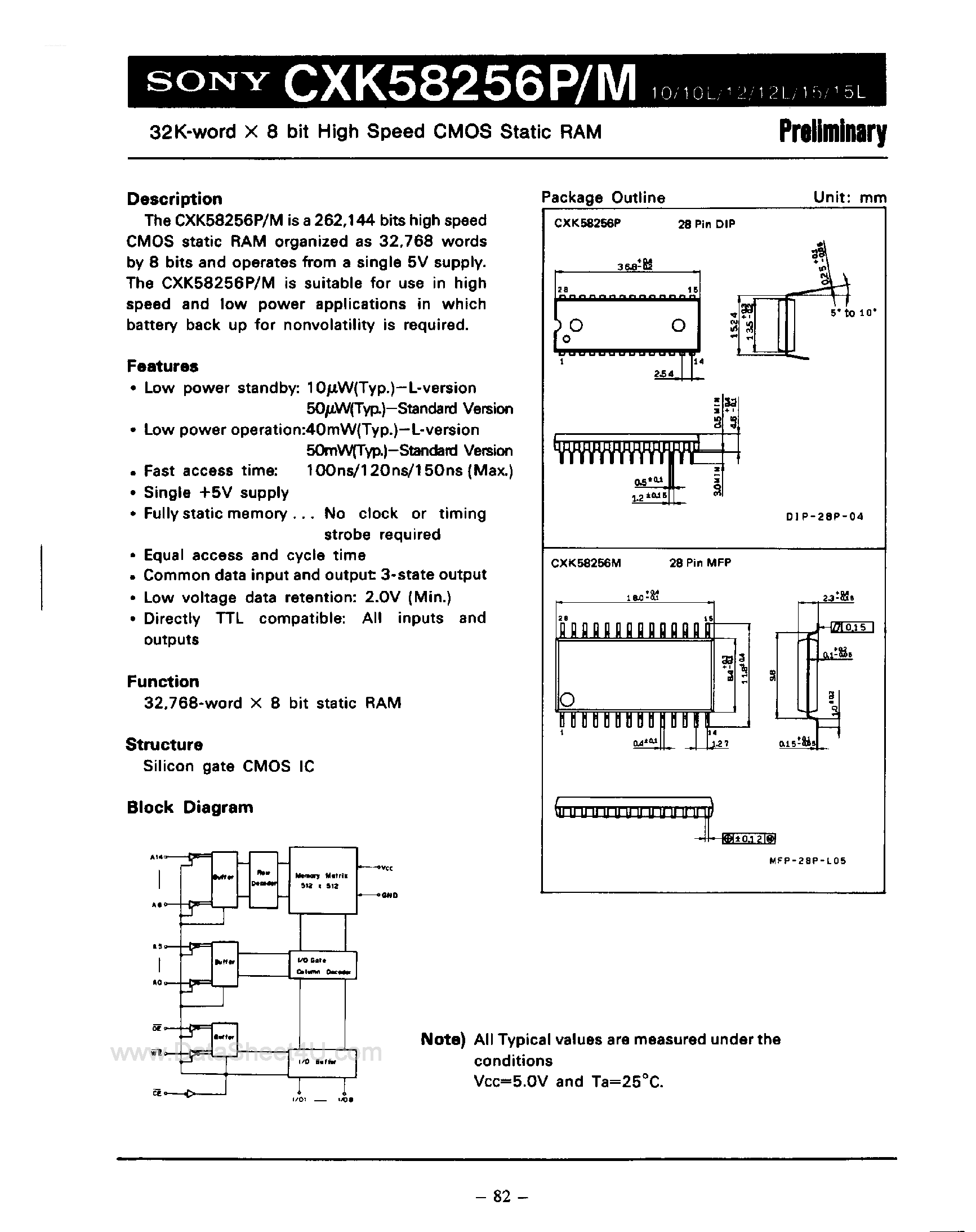 Datasheet CXK58256M - 32K WORD X 8 BIT HIGH SPEED CMOS STATIC RAM page 1