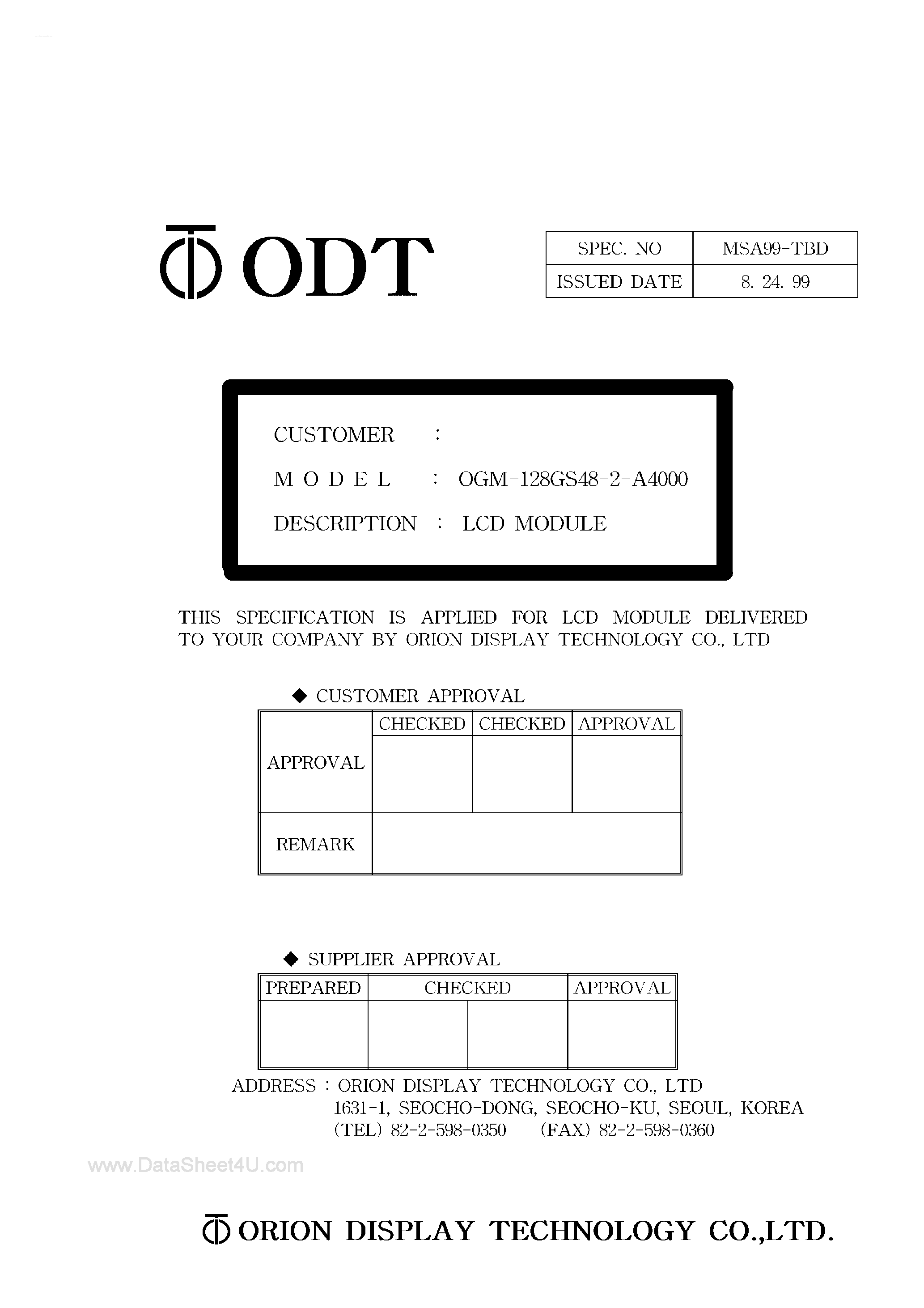 Datasheet OGM-128GS48-2-A4000 page 1 Datasheet OGM-128GS48-2-A4000 - LCD Module page 1