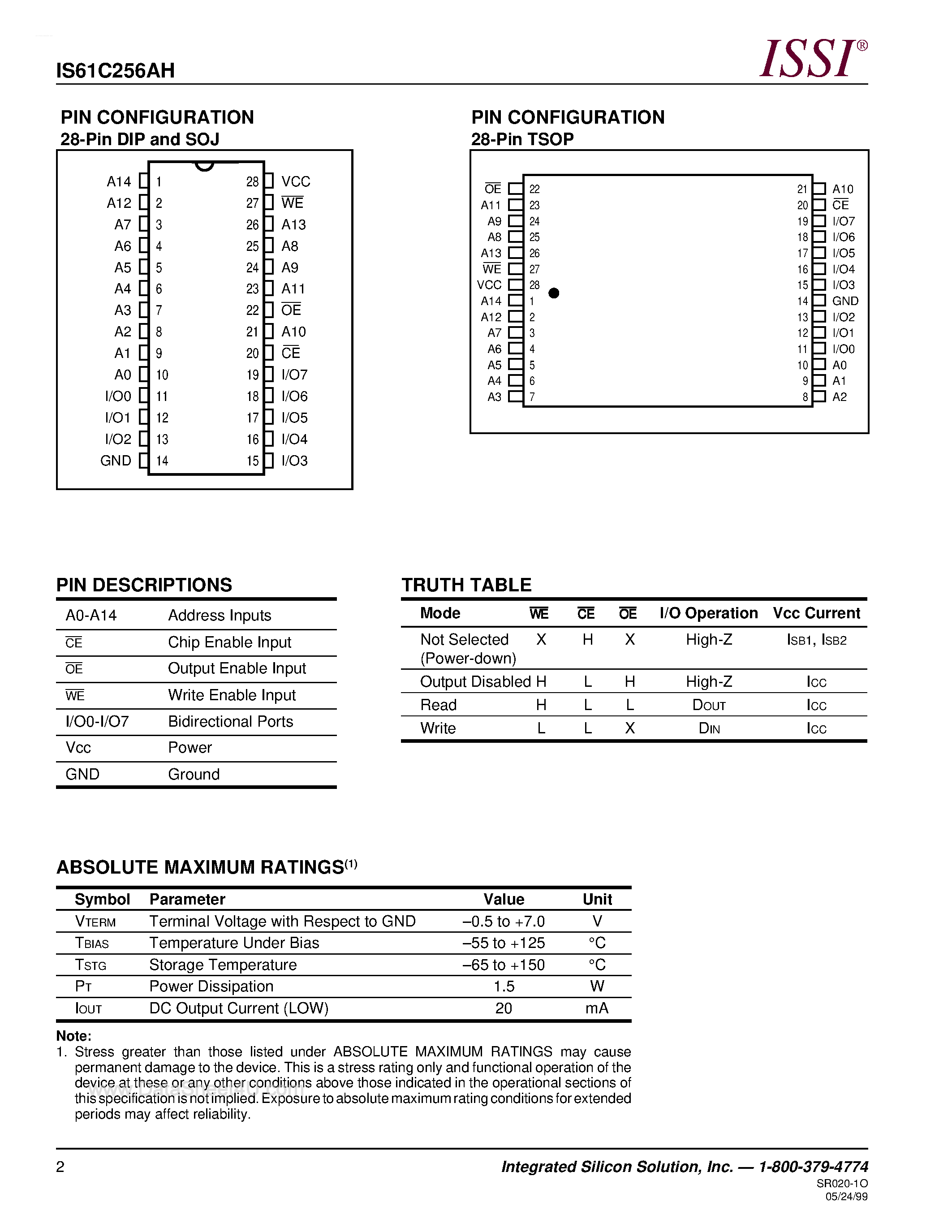 Даташит IS61C256AH - 32K x 8 HIGH-SPEED CMOS STATIC RAM страница 2