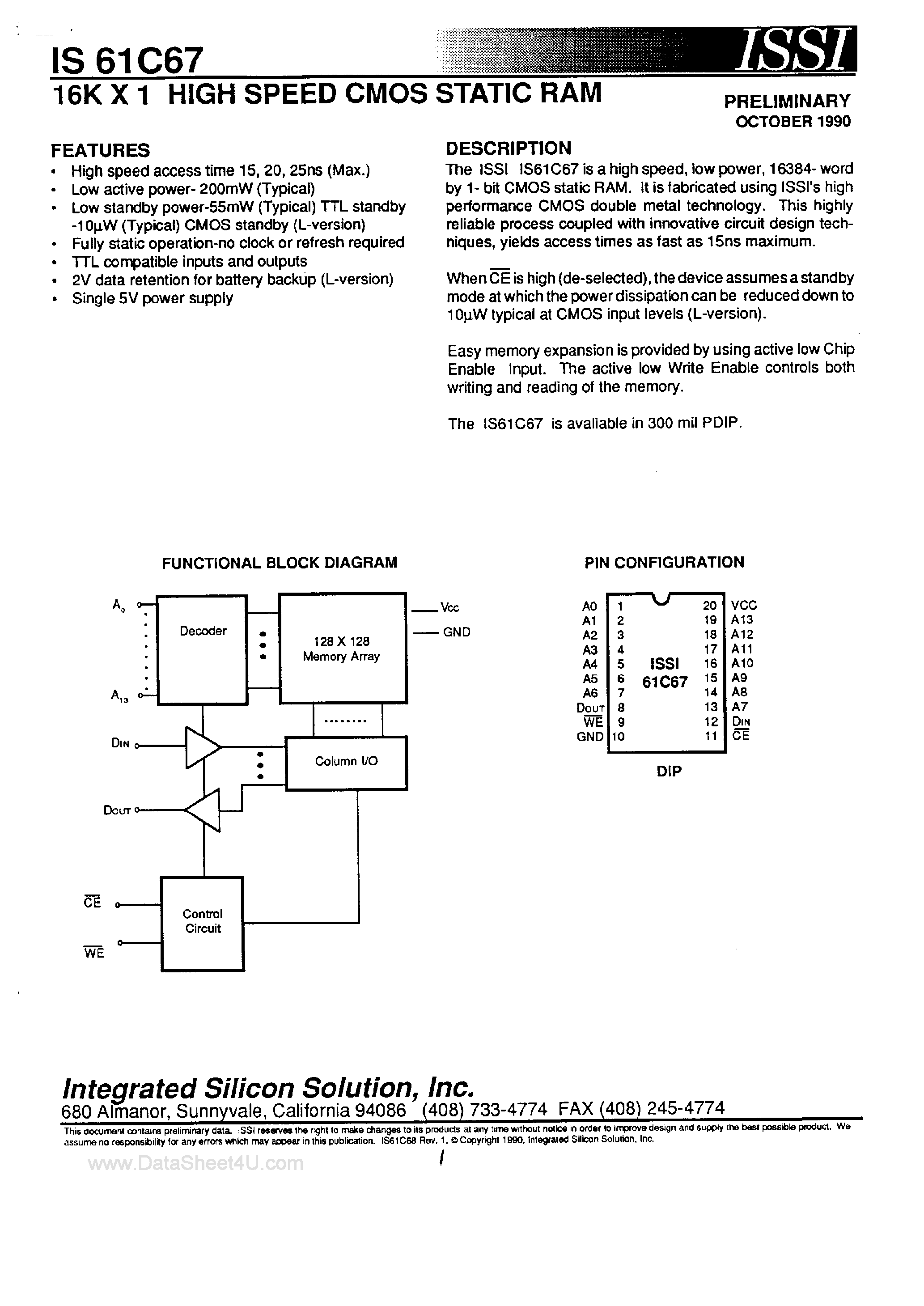 Даташит IS61C67 - 16K x 1 HIGH-SPEED CMOS STATIC RAM страница 1