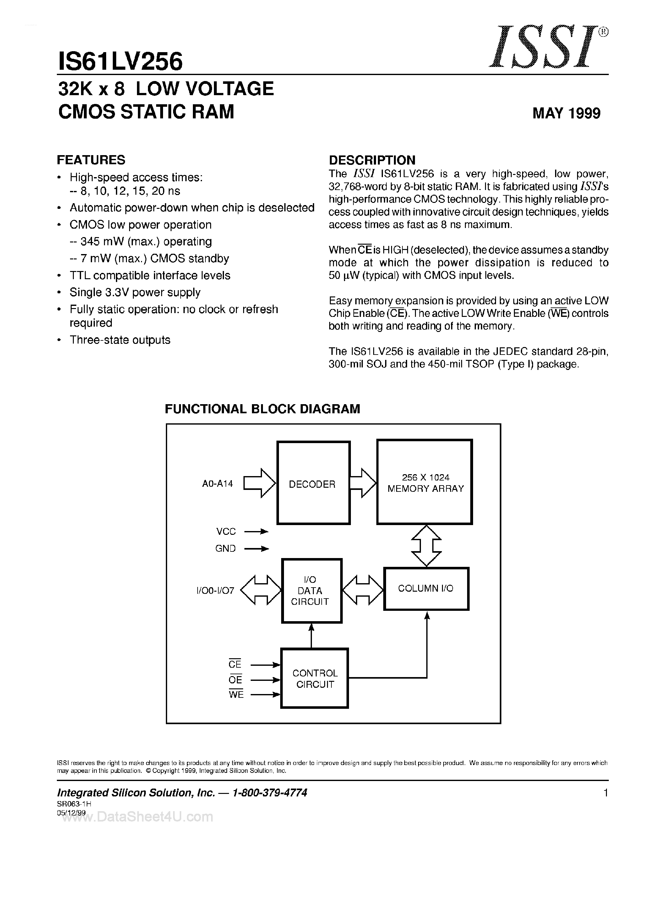 Даташит IS61C256 - 32K x 8 Low Voltage CMOS STATIC RAM страница 1