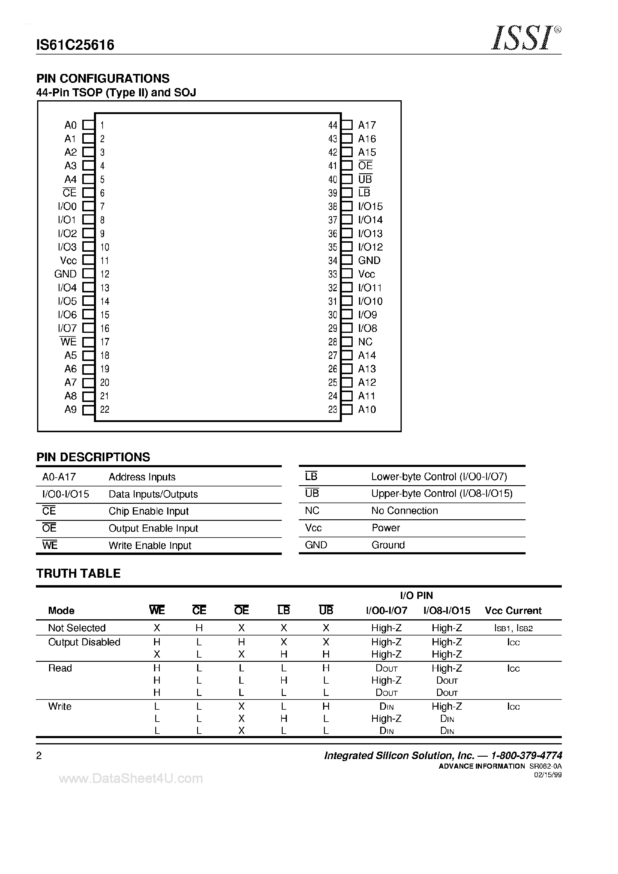 Даташит IS61C25616 - 256K x 8 High Speed CMOS STATIC RAM страница 2