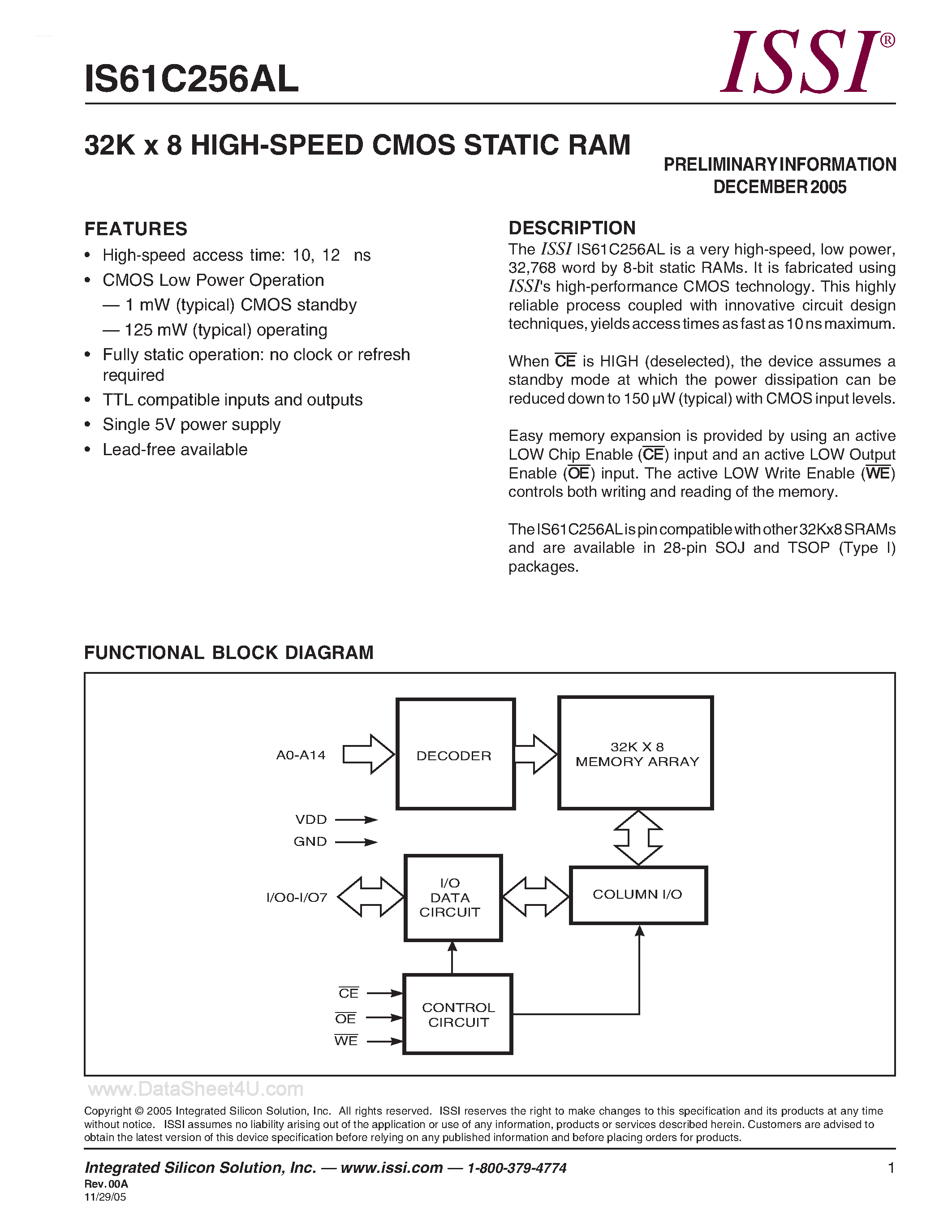 Даташит IS61C256AL - 32K x 8 High Speed CMOS STATIC RAM страница 1