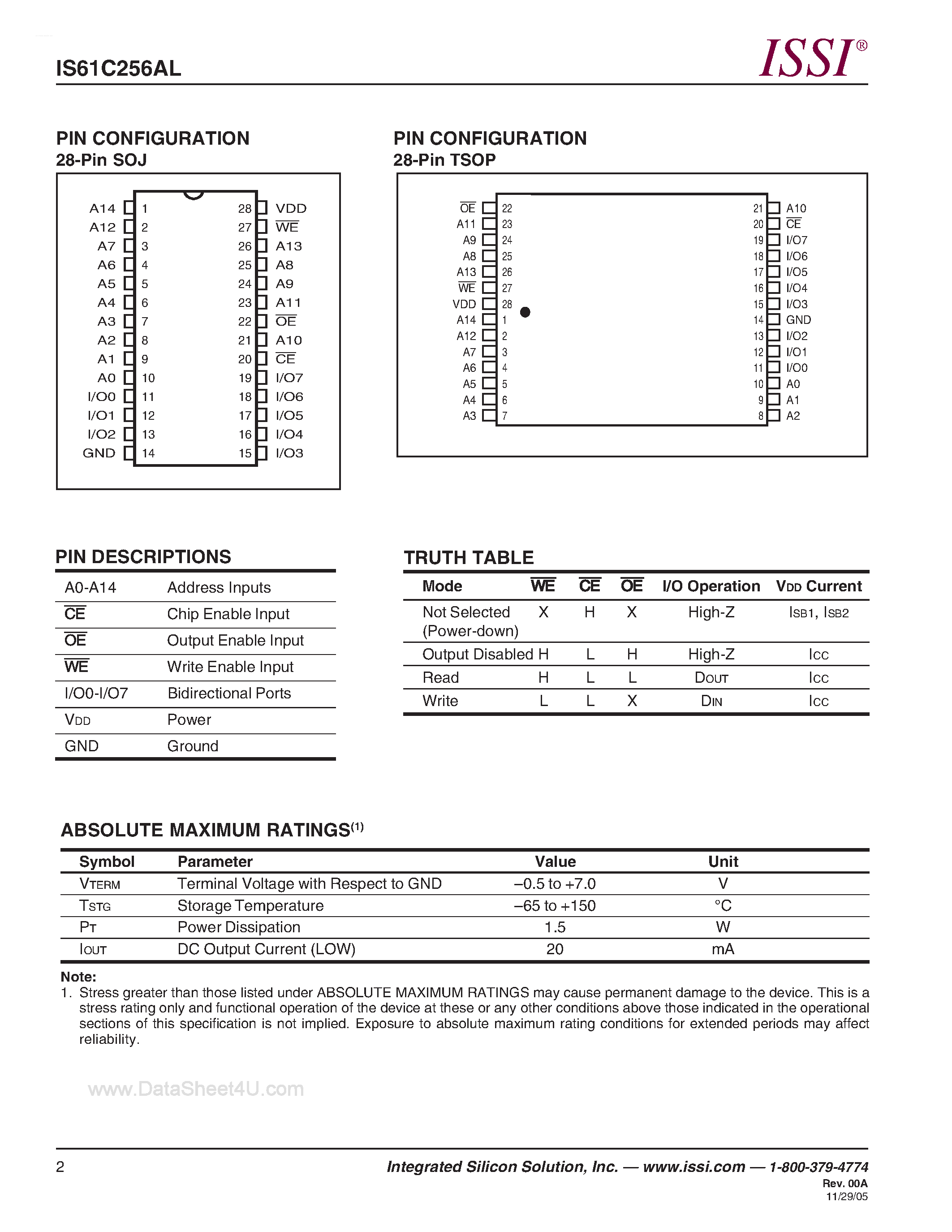 Даташит IS61C256AL - 32K x 8 High Speed CMOS STATIC RAM страница 2