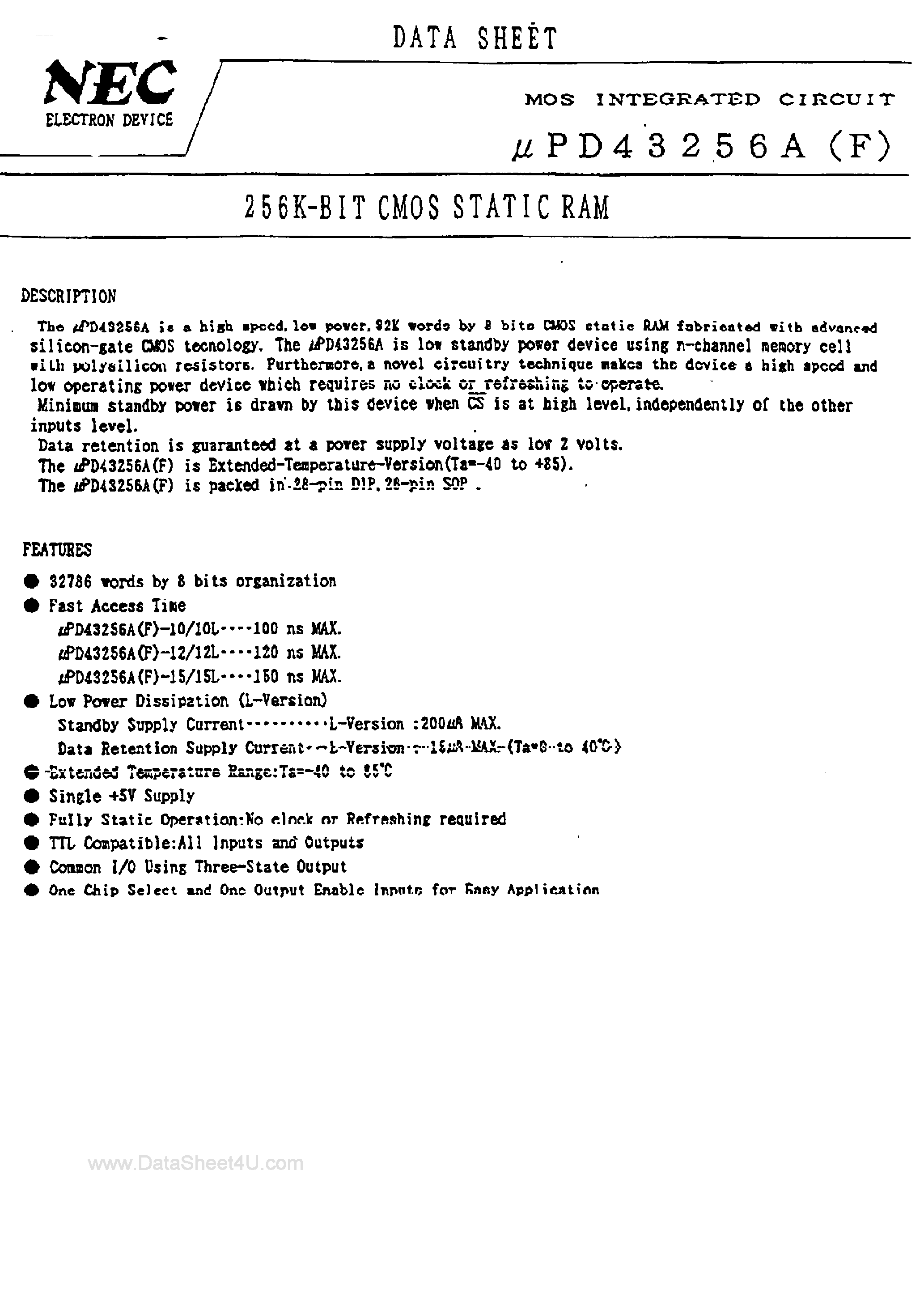 Datasheet UPD43256A - 256K-Bit CMOS Static RAM page 1