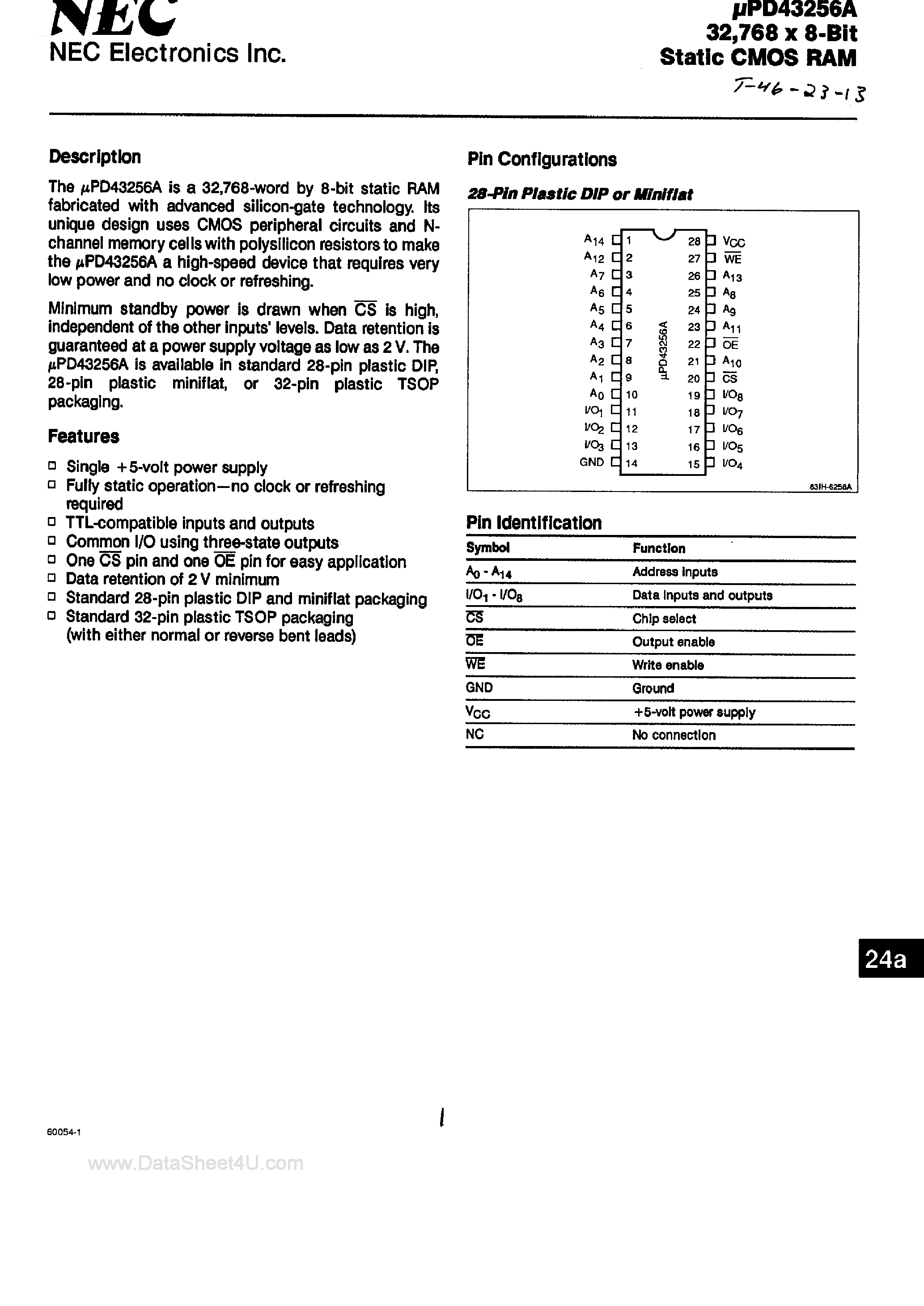 Даташит UPD43256A - 32K x 8-Bit CMOS Static RAM страница 1