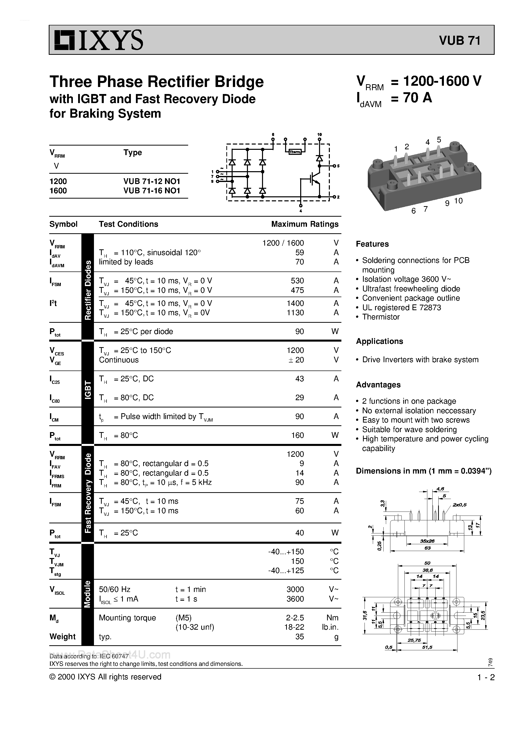 Datasheet VUB71 page 1 Datasheet VUB71 - 3-Phase Rectifier Birdge page 1
