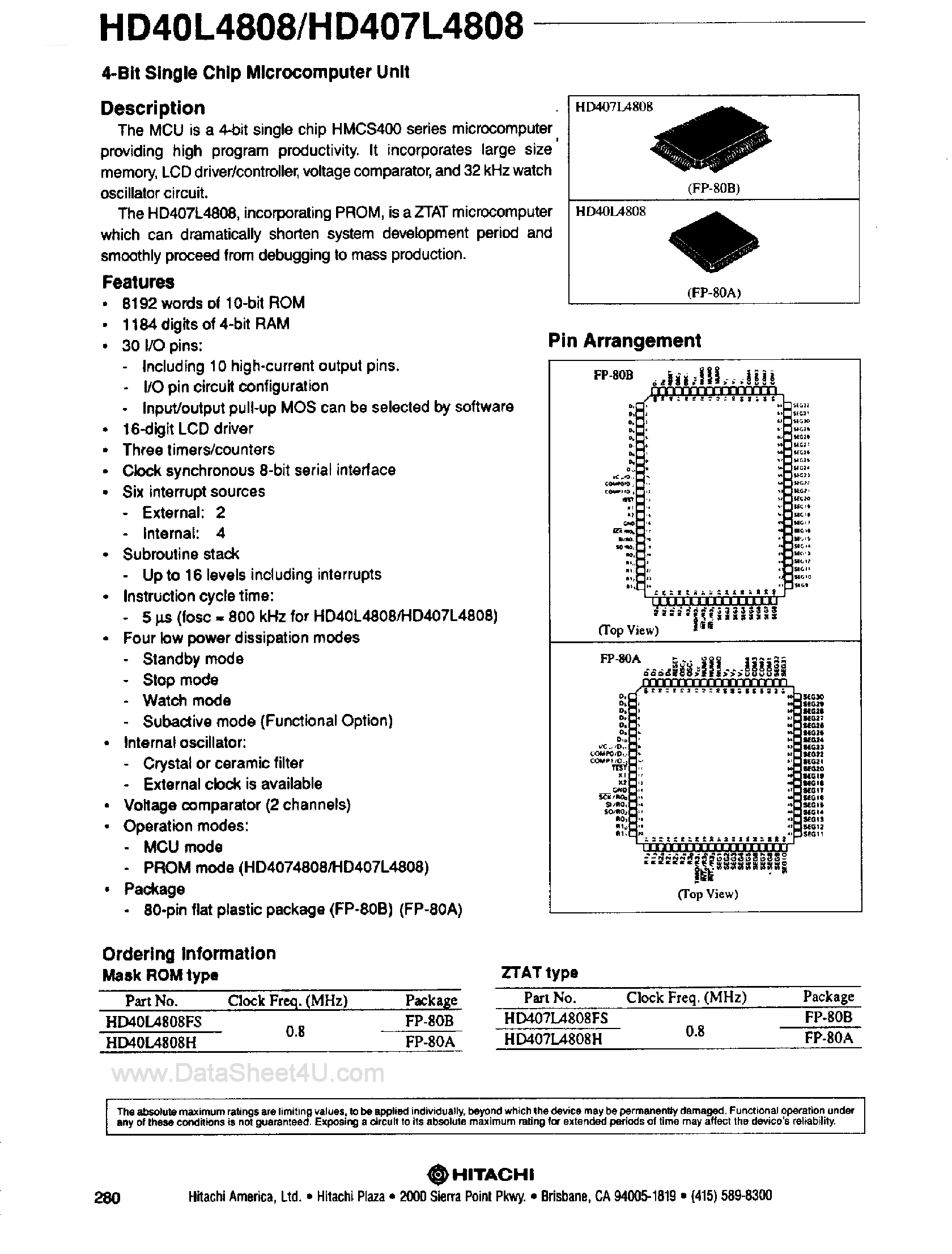 Datasheet HD407L4808 page 1 Datasheet HD407L4808 - 4-Bit Single Chip Microcomputer Unit page 1