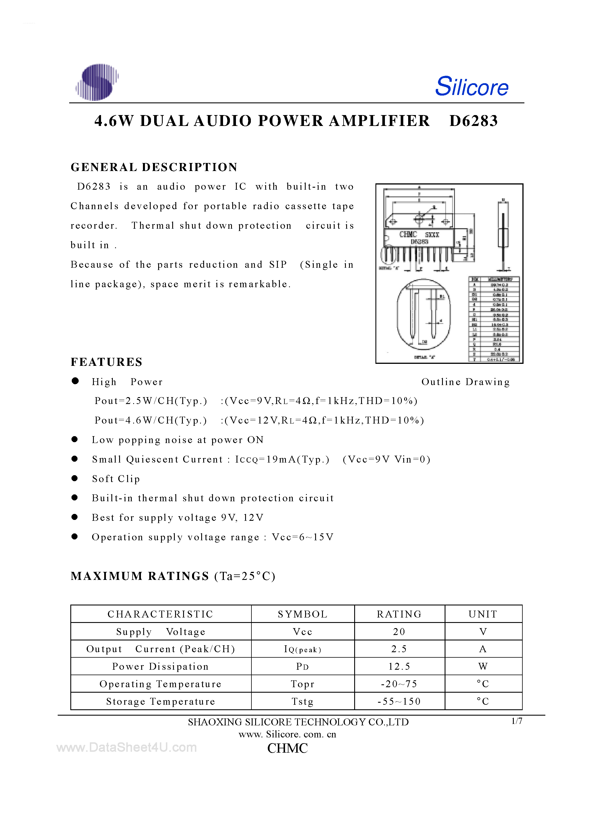 Datasheet D6283 - 4.6W Dual Audio Power Amplifier page 1